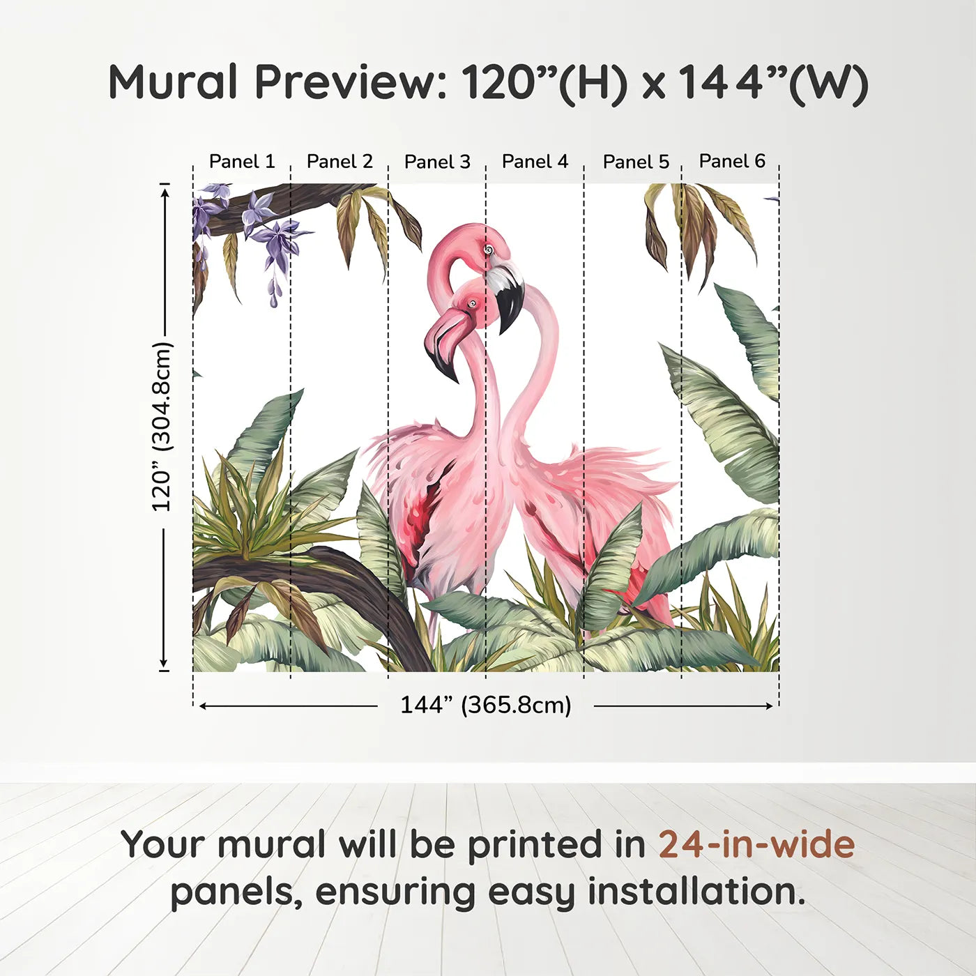 Whimsy Tots Flamingo Love Nest Wall Muraldimension view (120" H x 144" W). Printed in six 24-inch-wide panels. Best for Girls