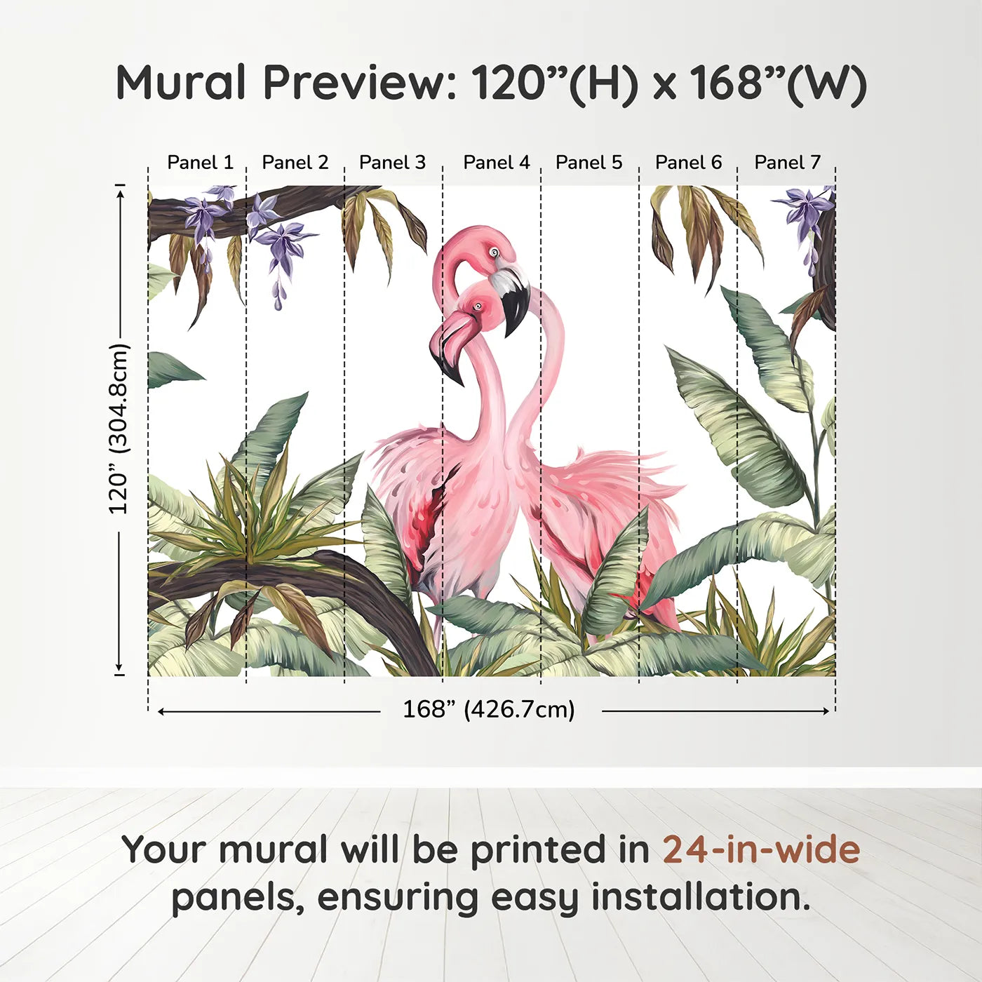 Whimsy Tots Flamingo Love Nest Wall Muraldimension view (120" H x 168" W). Printed in seven 24-inch-wide panels. Best for Girls