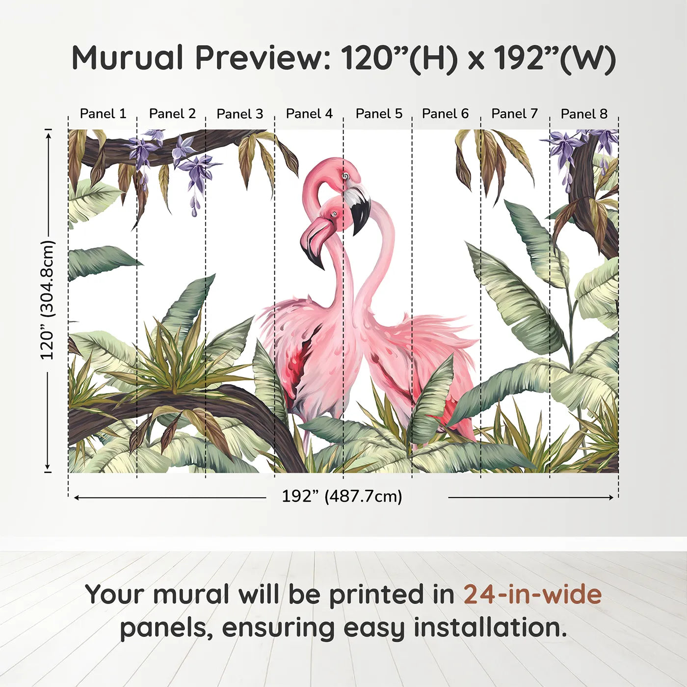 Whimsy Tots Flamingo Love Nest Wall Muraldimension view (120" H x 192" W). Printed in eight 24-inch-wide panels. Best for Girls