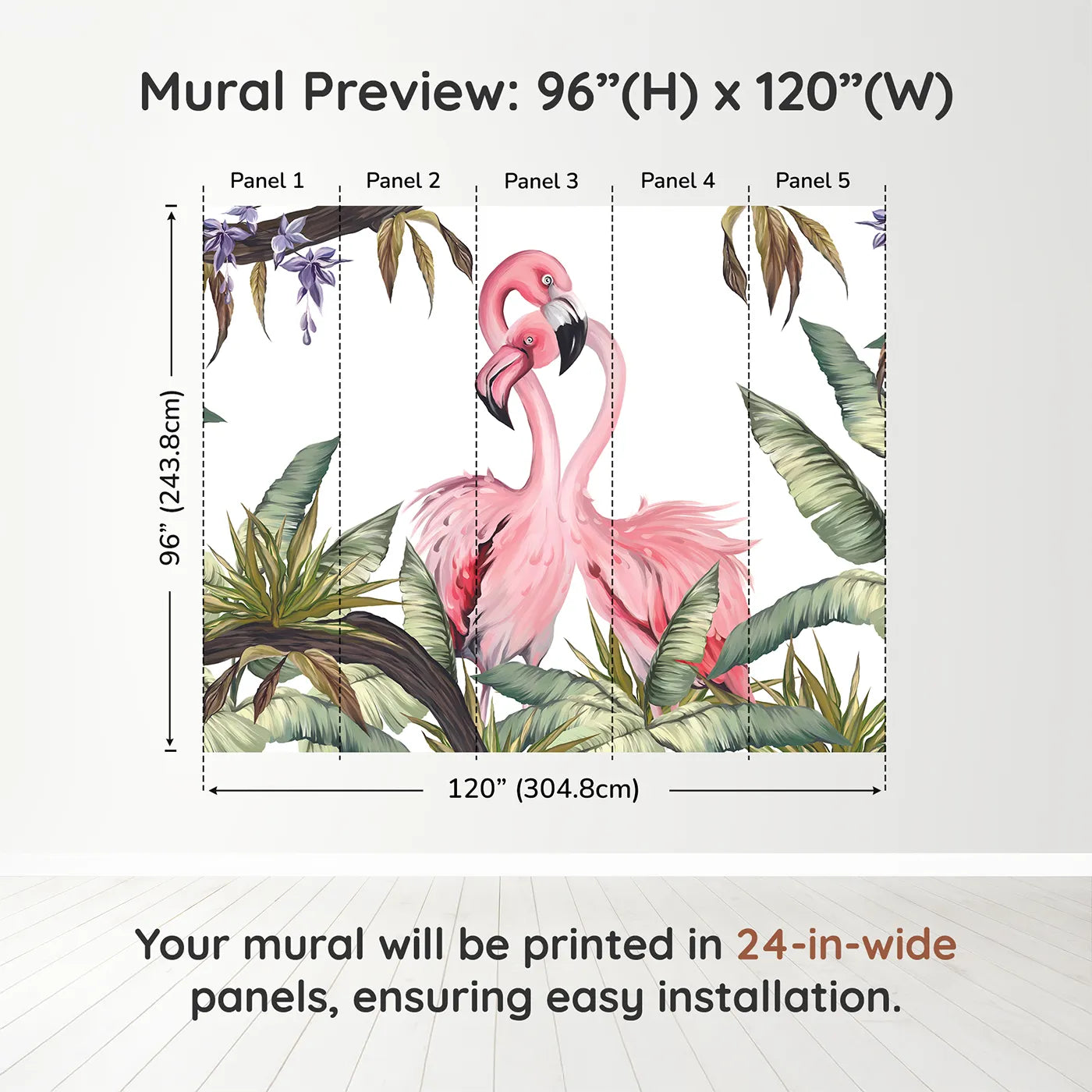 Whimsy Tots Flamingo Love Nest Wall Muraldimension view (96" H x 120" W). Printed in five 24-inch-wide panels. Best for Girls