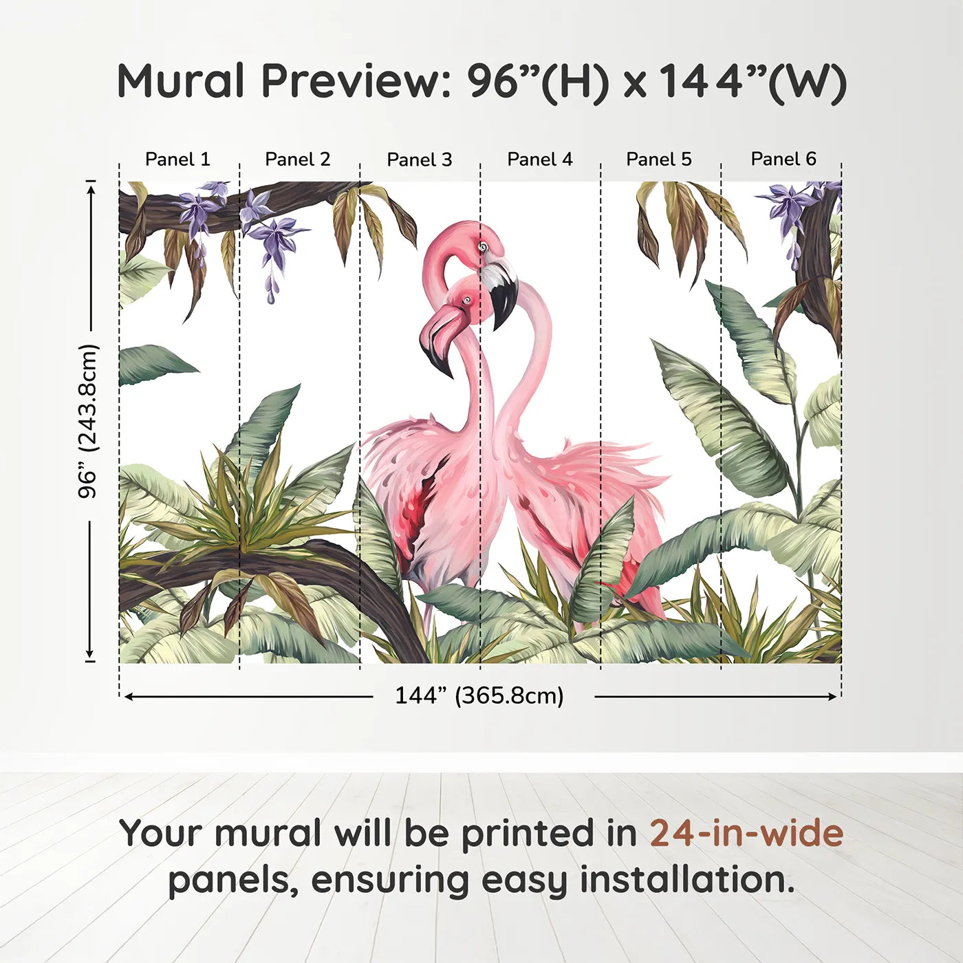 Whimsy Tots Flamingo Love Nest Wall Muraldimension view (96" H x 144" W). Printed in six 24-inch-wide panels. Best for Girls