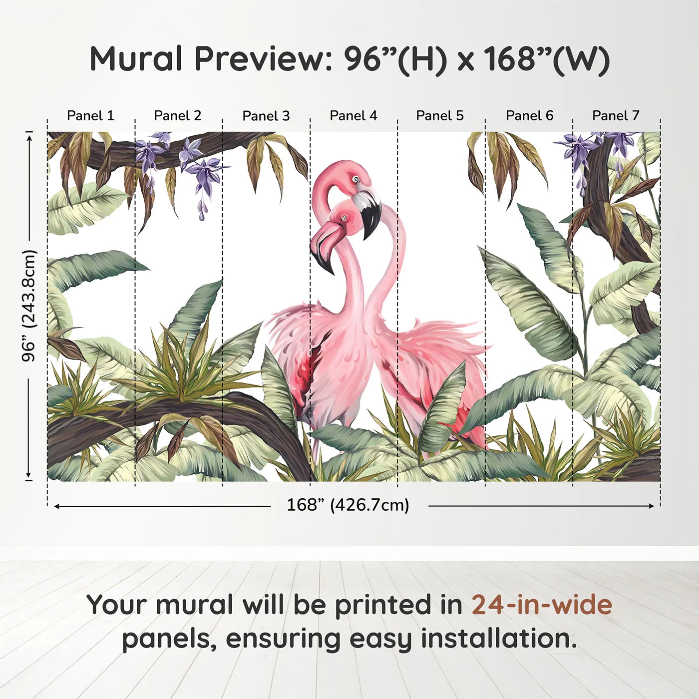 Whimsy Tots Flamingo Love Nest Wall Muraldimension view (96" H x 168" W). Printed in seven 24-inch-wide panels. Best for Girls