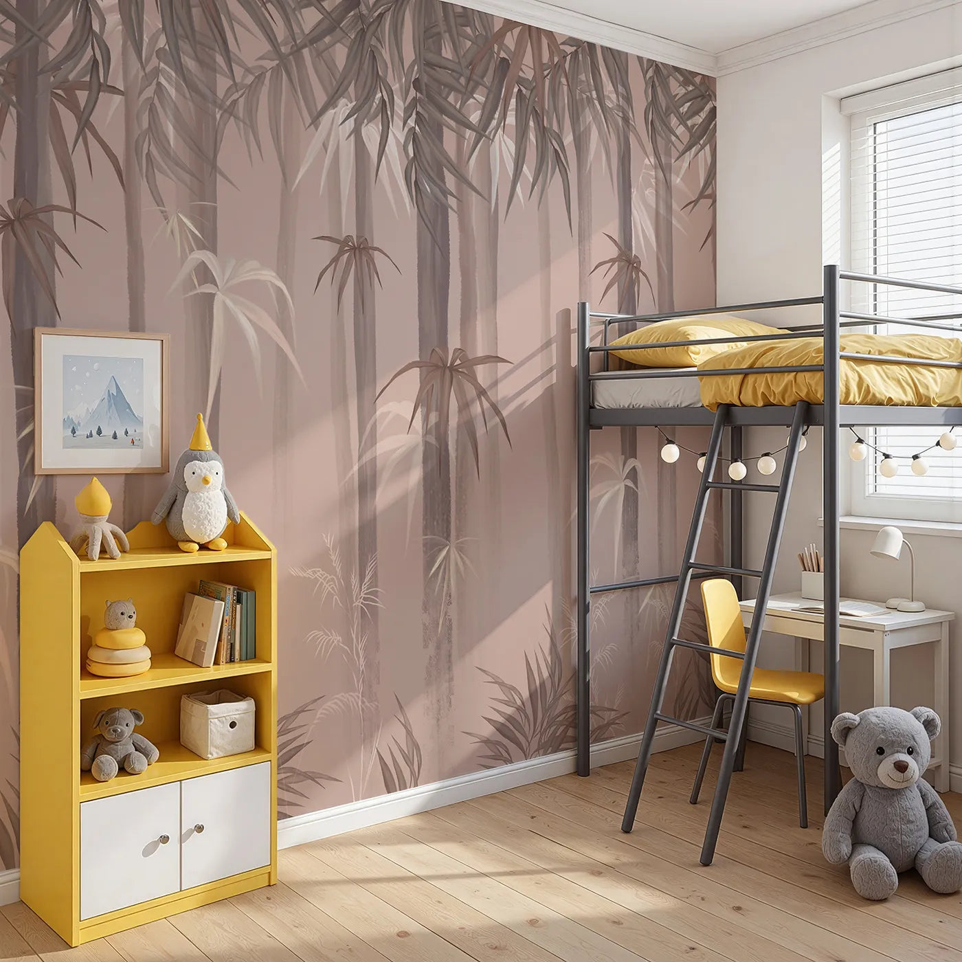 Angled view of Whimsy Tots' Misty Bamboo Forest Wall Mural (Turn Their Room into a Peaceful, Zen-Like Grove).Gender-Neutral