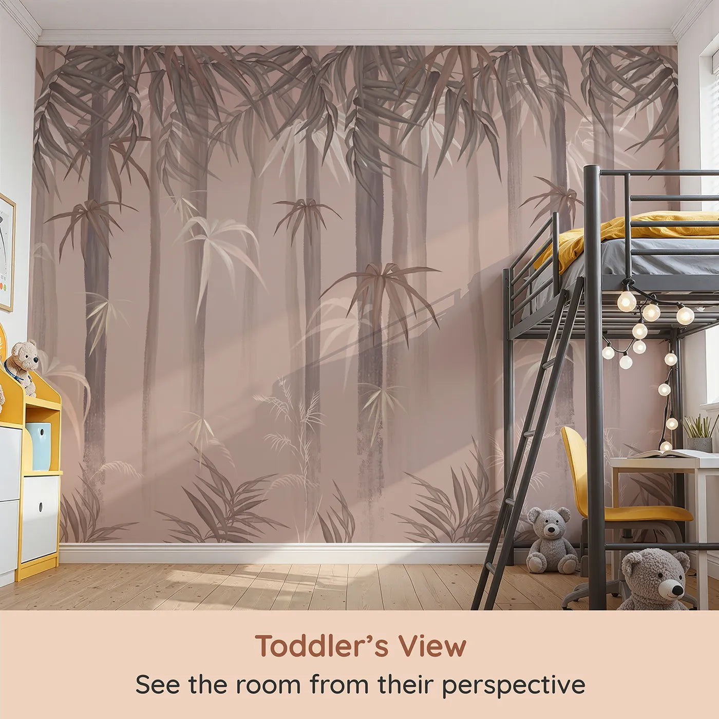 Whimsy Tots Misty Bamboo Forest Wall Mural (Turn Their Room into a Peaceful, Zen-Like Grove) from your child's view.Gender-Neutral