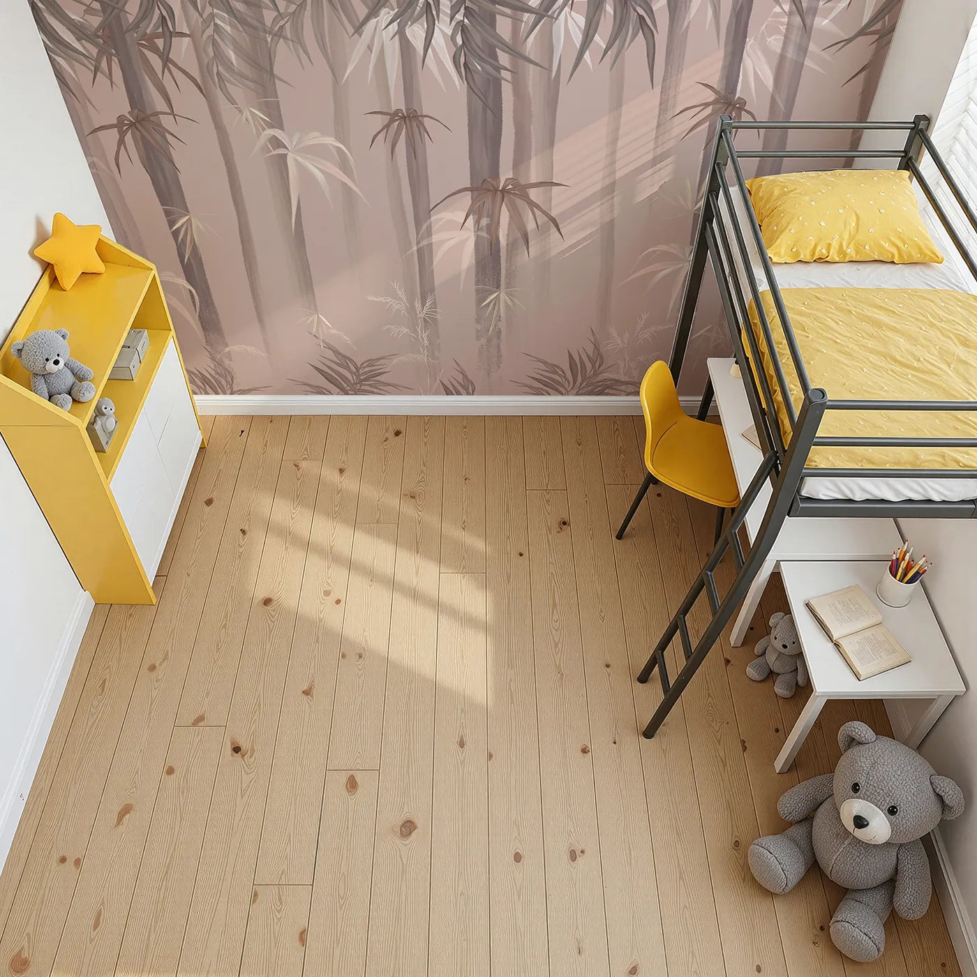 Top-down view of Whimsy Tots' Misty Bamboo Forest Wall Mural (Turn Their Room into a Peaceful, Zen-Like Grove).Gender-Neutral