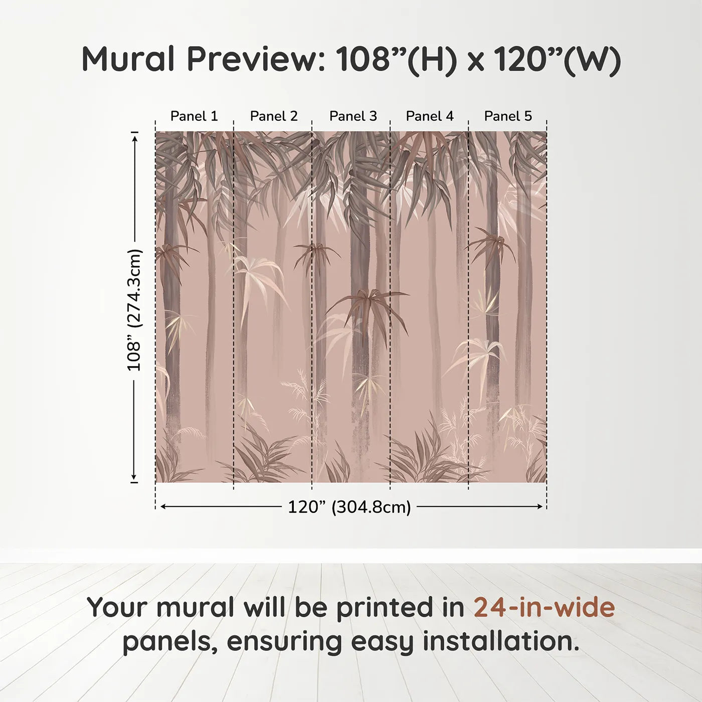 Whimsy Tots Misty Bamboo Forest Wall Muraldimension view (108" H x 120" W). Printed in five 24-inch-wide panels. Gender-Neutral