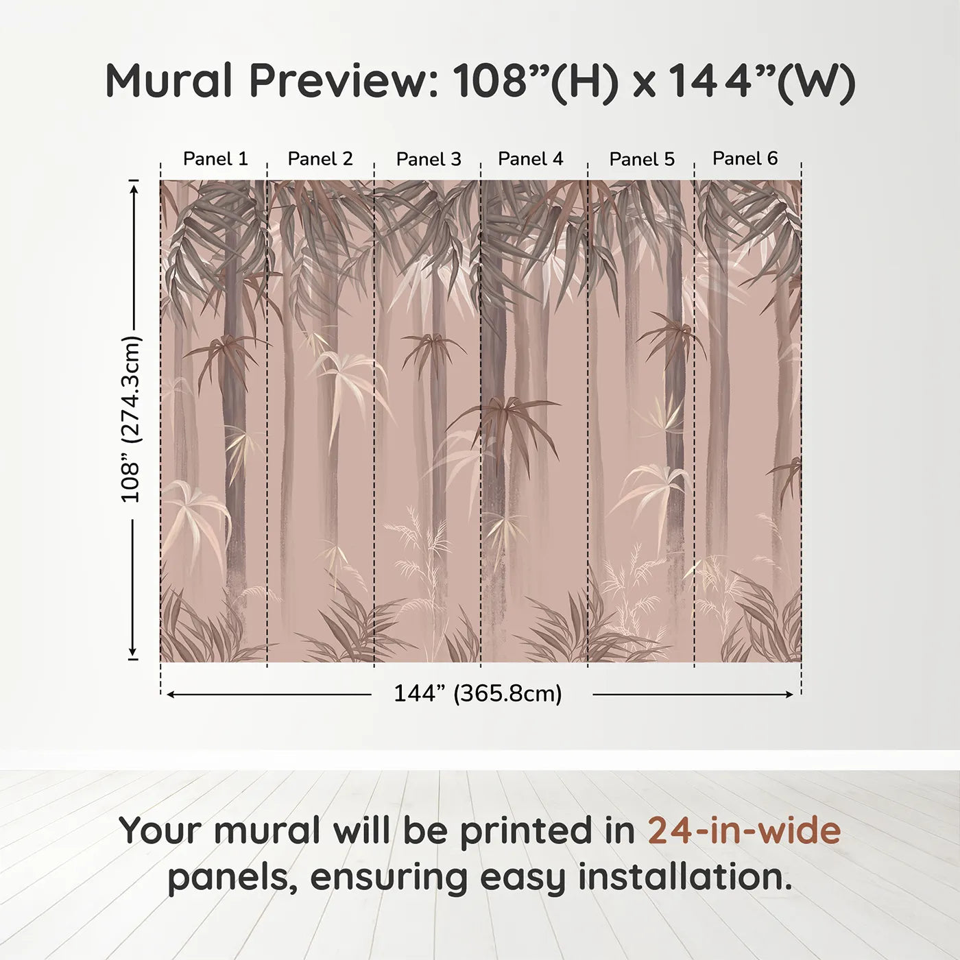 Whimsy Tots Misty Bamboo Forest Wall Muraldimension view (108" H x 144" W). Printed in six 24-inch-wide panels. Gender-Neutral