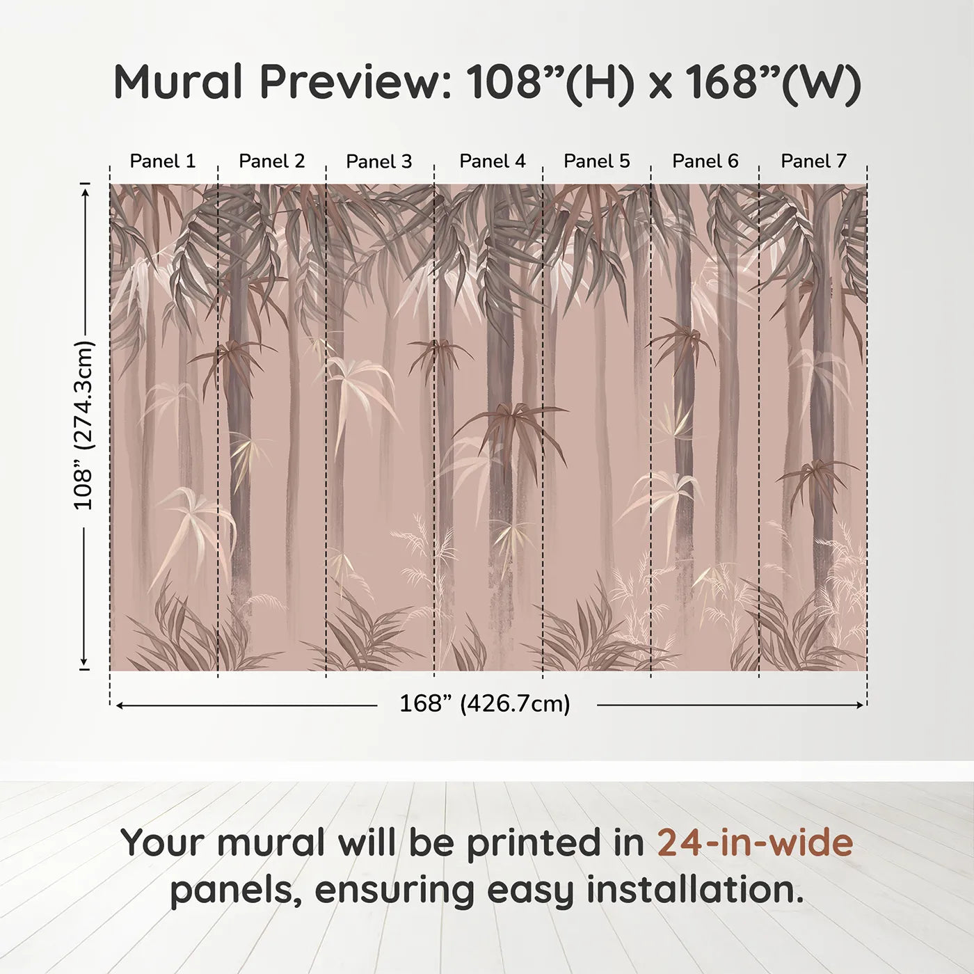 Whimsy Tots Misty Bamboo Forest Wall Muraldimension view (108" H x 168" W). Printed in seven 24-inch-wide panels. Gender-Neutral
