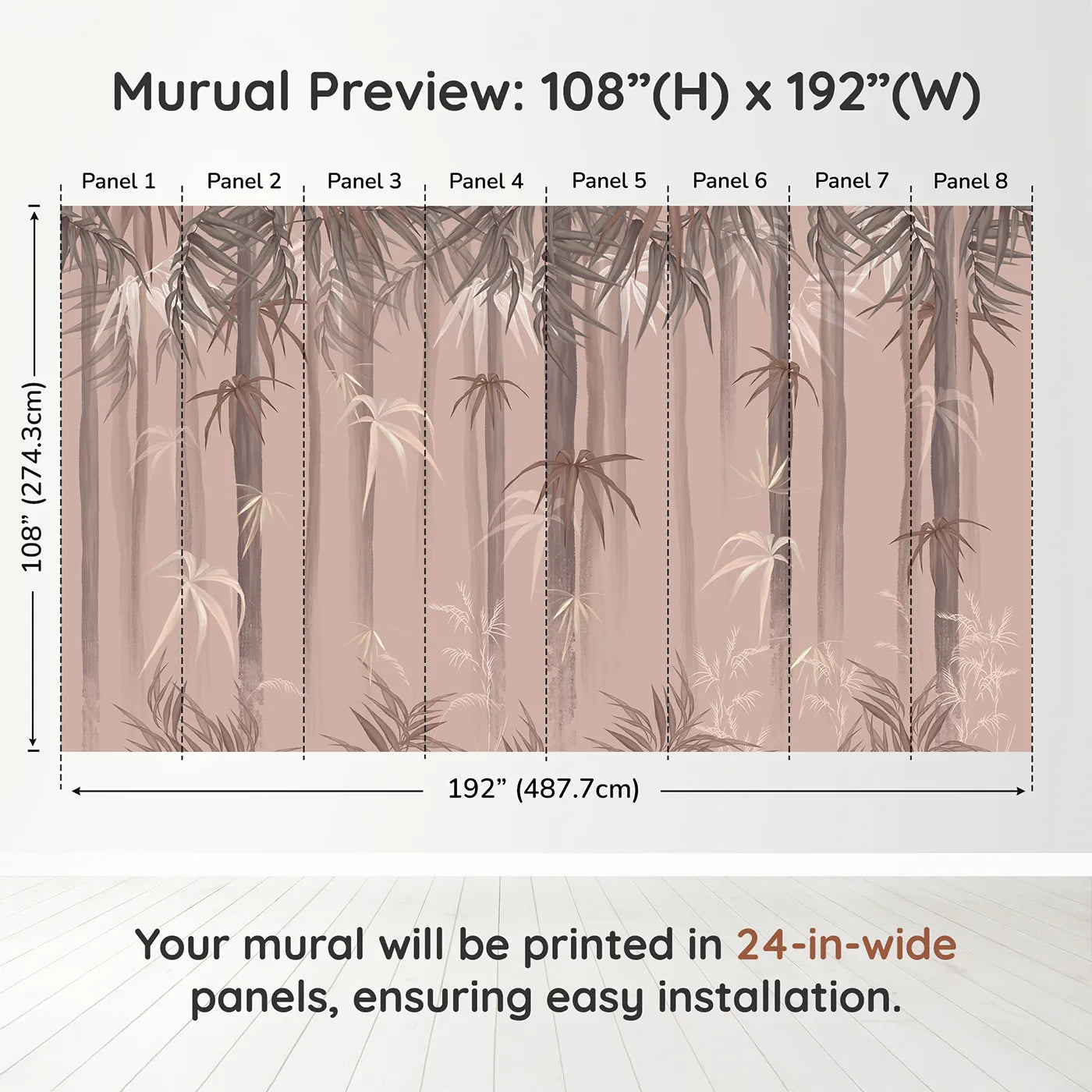 Whimsy Tots Misty Bamboo Forest Wall Muraldimension view (108" H x 192" W). Printed in eight 24-inch-wide panels. Gender-Neutral