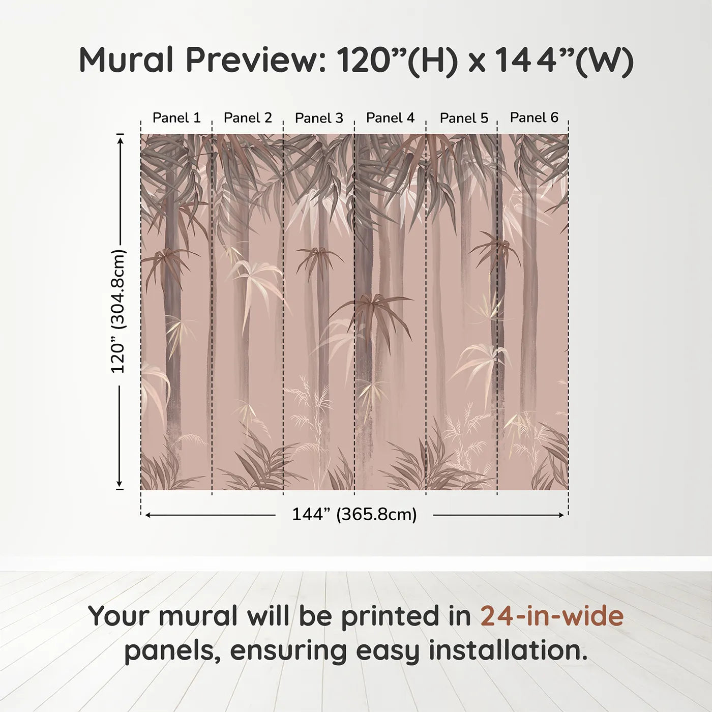 Whimsy Tots Misty Bamboo Forest Wall Muraldimension view (120" H x 144" W). Printed in six 24-inch-wide panels. Gender-Neutral