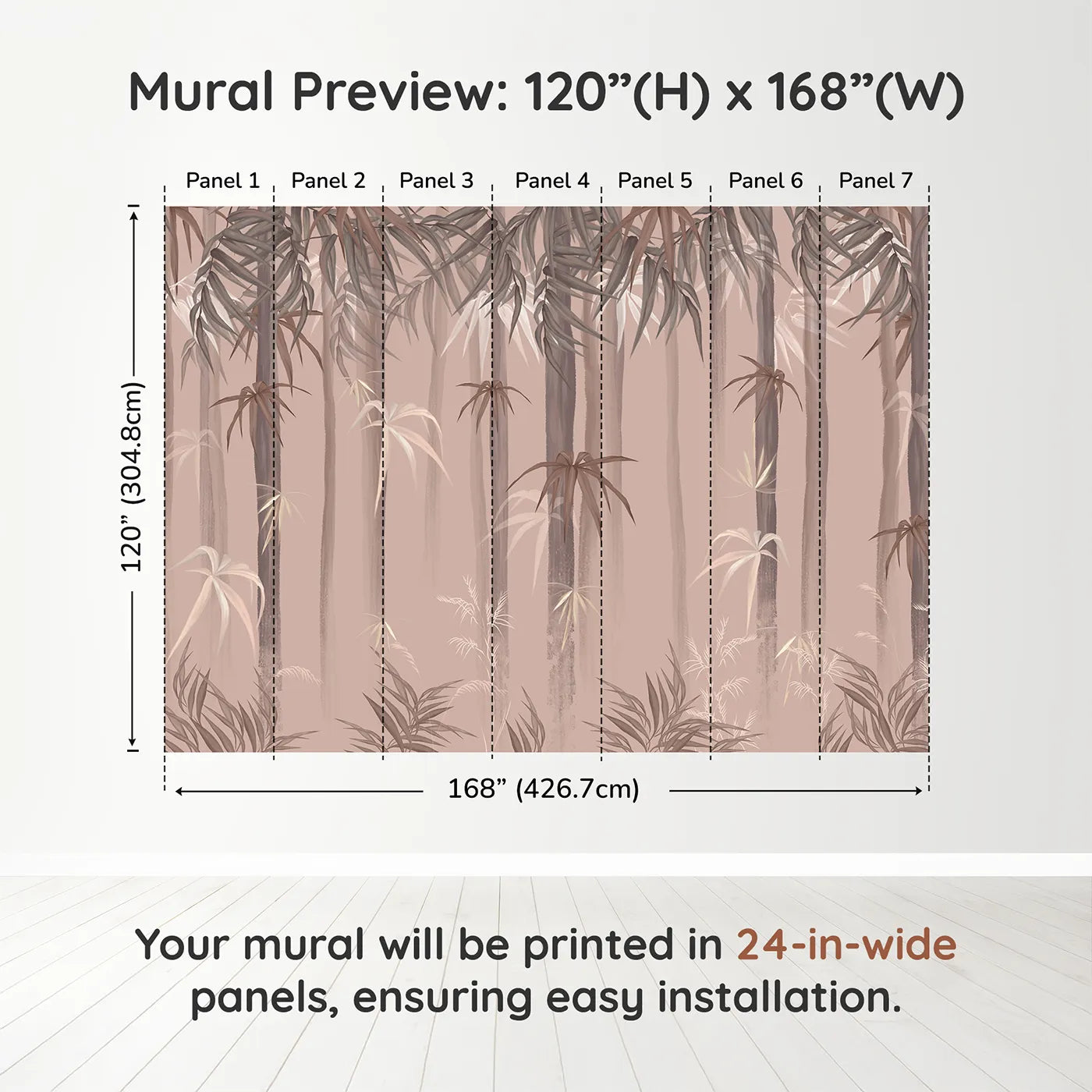 Whimsy Tots Misty Bamboo Forest Wall Muraldimension view (120" H x 168" W). Printed in seven 24-inch-wide panels. Gender-Neutral