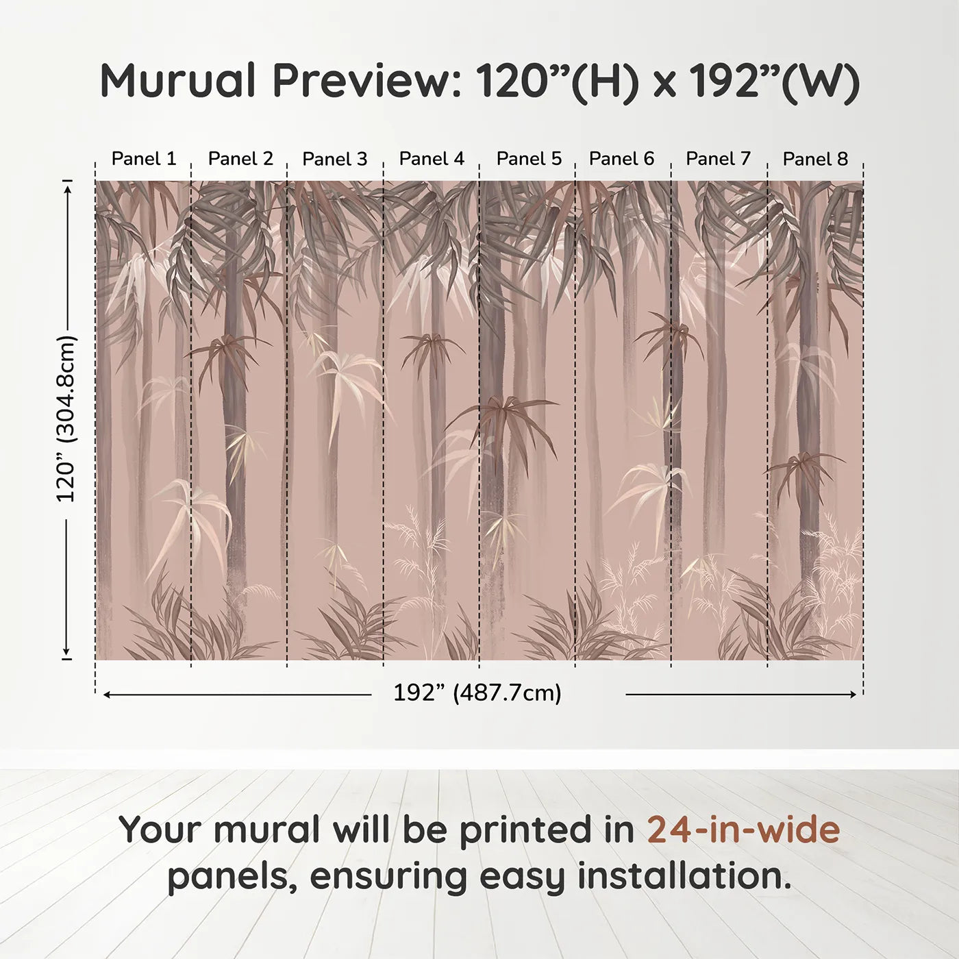 Whimsy Tots Misty Bamboo Forest Wall Muraldimension view (120" H x 192" W). Printed in eight 24-inch-wide panels. Gender-Neutral