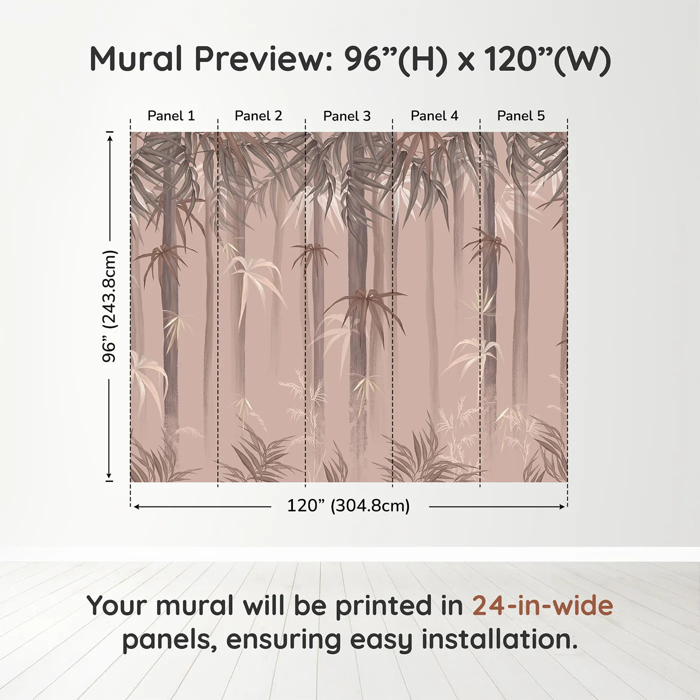 Whimsy Tots Misty Bamboo Forest Wall Muraldimension view (96" H x 120" W). Printed in five 24-inch-wide panels. Gender-Neutral