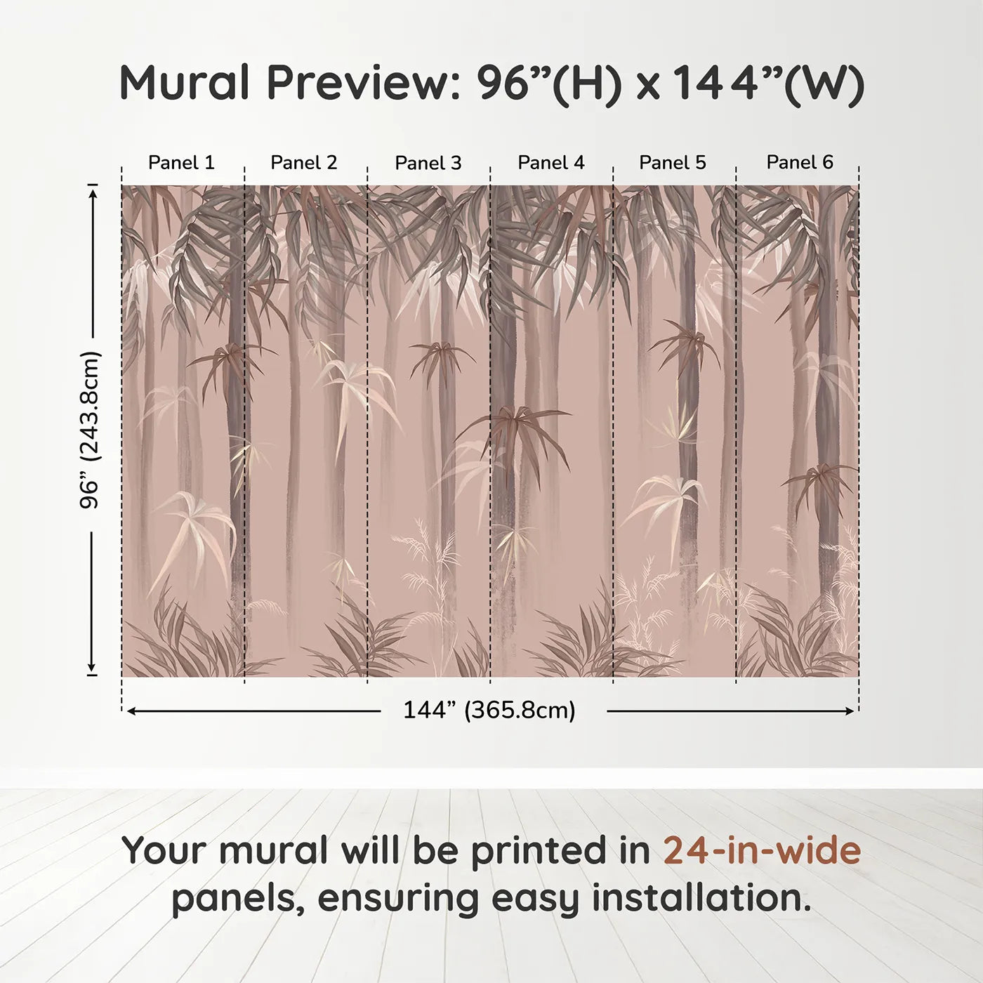 Whimsy Tots Misty Bamboo Forest Wall Muraldimension view (96" H x 144" W). Printed in six 24-inch-wide panels. Gender-Neutral