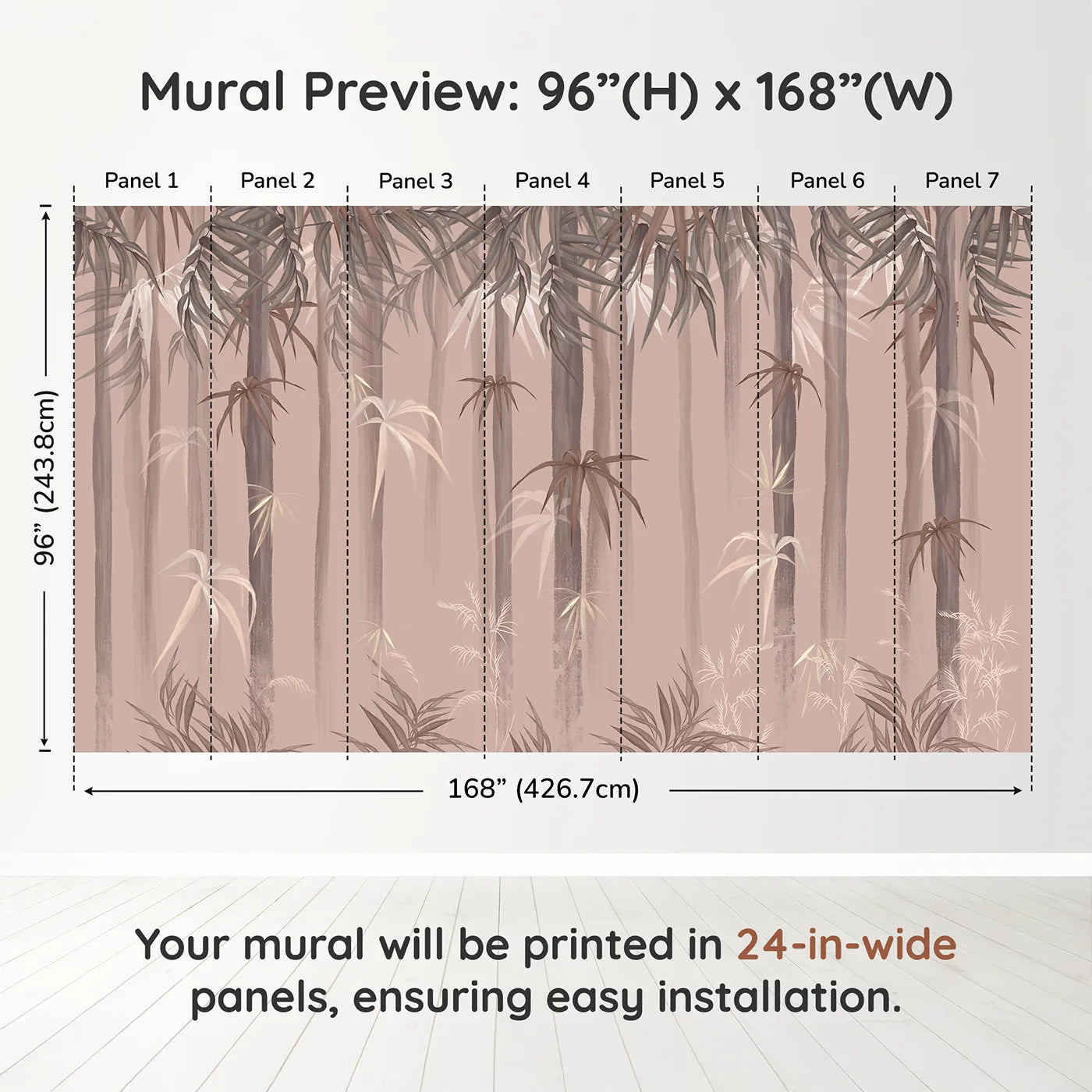 Whimsy Tots Misty Bamboo Forest Wall Muraldimension view (96" H x 168" W). Printed in seven 24-inch-wide panels. Gender-Neutral