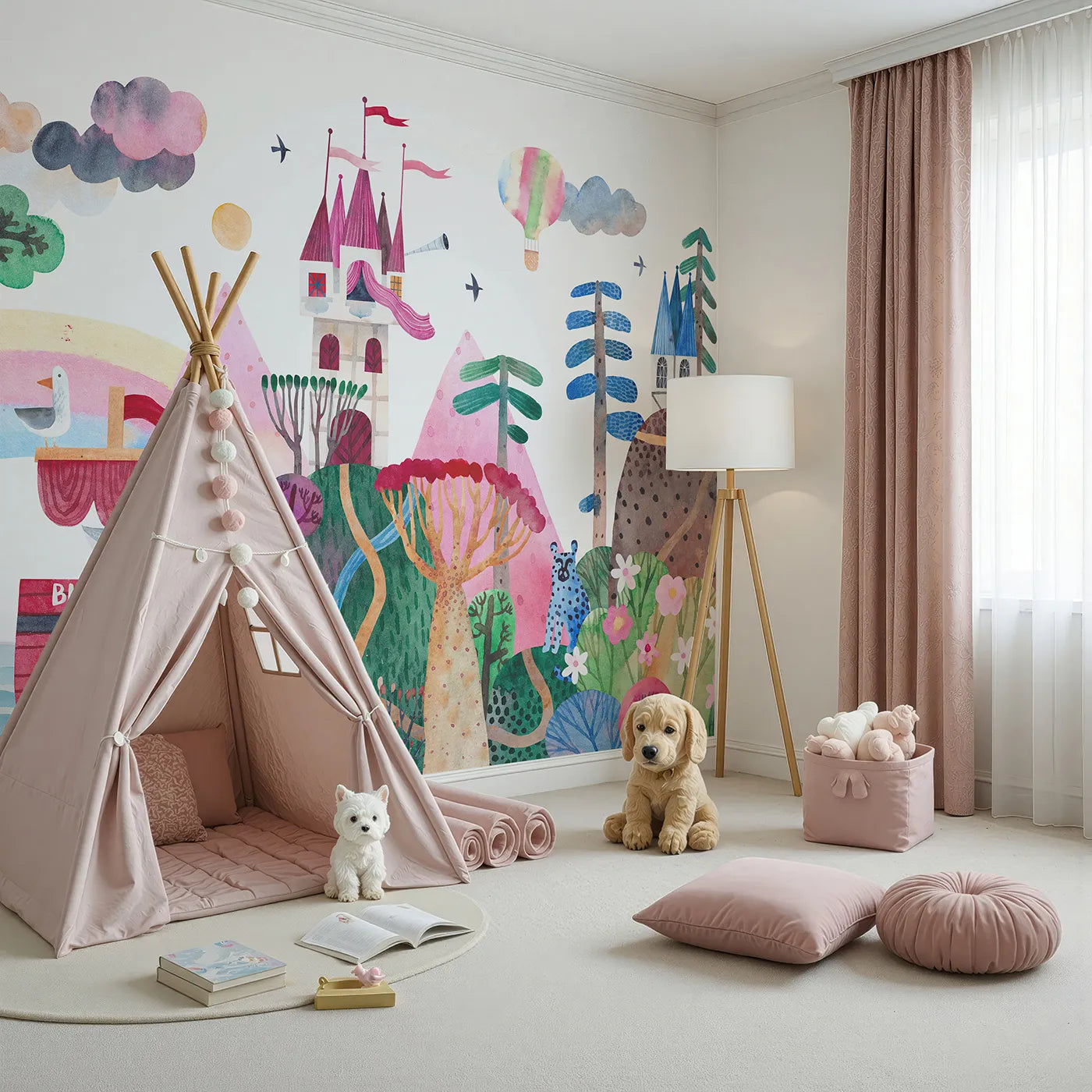 Angled view of Whimsy Tots' Big Red Ship Adventure Wall Mural (Turn Their Room into a Fantastical Seaside Quest).Gender-Neutral