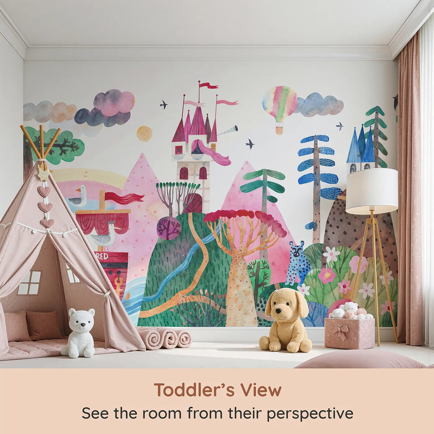 Whimsy Tots Big Red Ship Adventure Wall Mural (Turn Their Room into a Fantastical Seaside Quest) from your child's view.Gender-Neutral