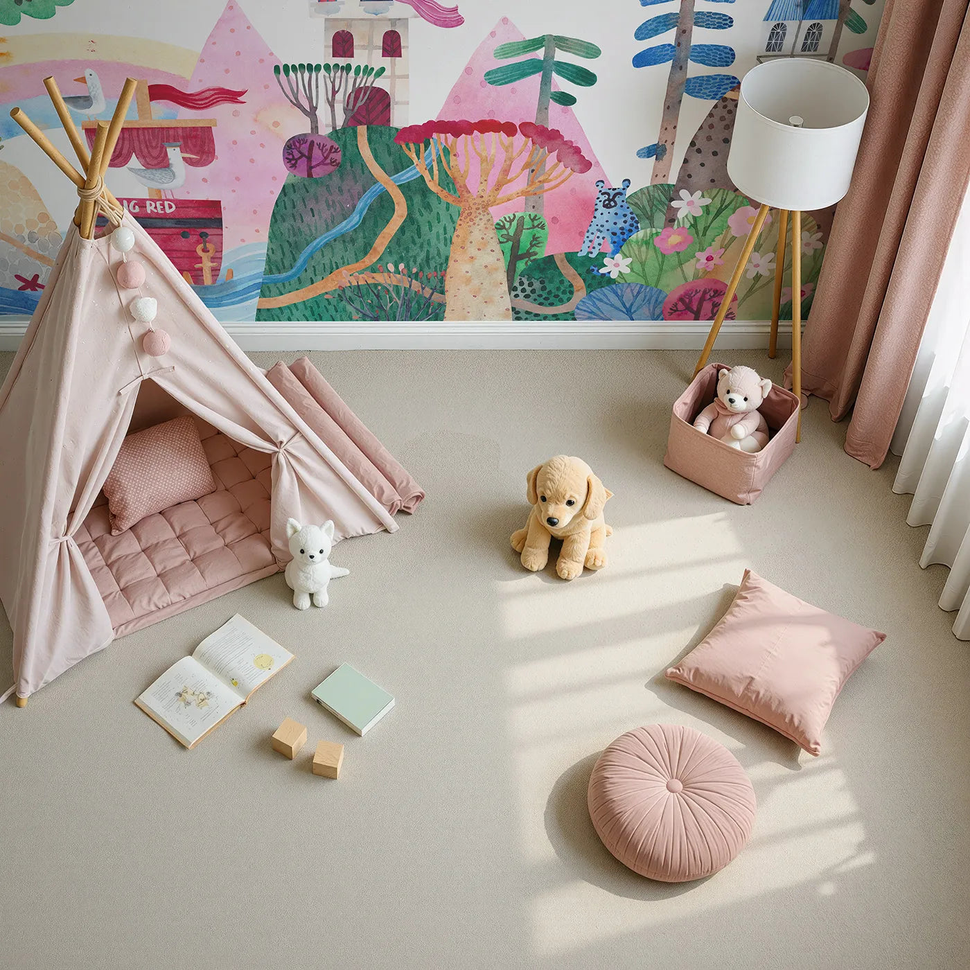 Top-down view of Whimsy Tots' Big Red Ship Adventure Wall Mural (Turn Their Room into a Fantastical Seaside Quest).Gender-Neutral