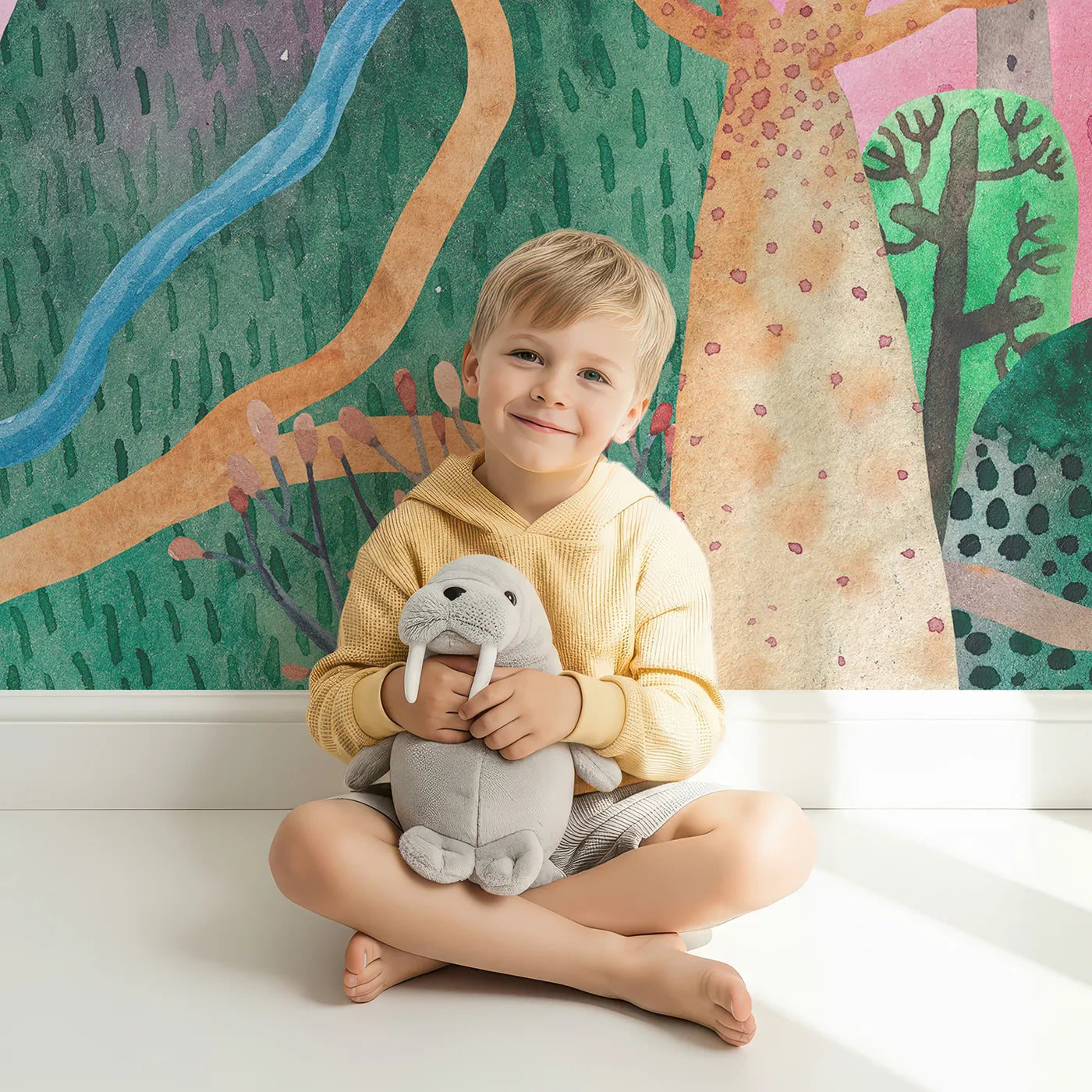Child in front of Whimsy Tots Big Red Ship Adventure Wall Mural with ship, boat, dinosaur, castle, fantasy, whimsical, watercolor, adventure in design.