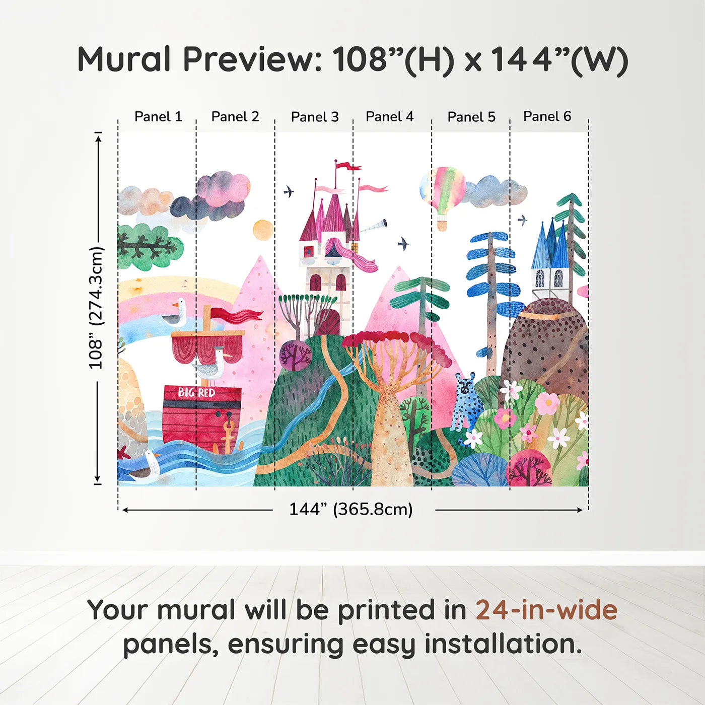 Whimsy Tots Big Red Ship Adventure Wall Muraldimension view (108" H x 144" W). Printed in six 24-inch-wide panels. Gender-Neutral