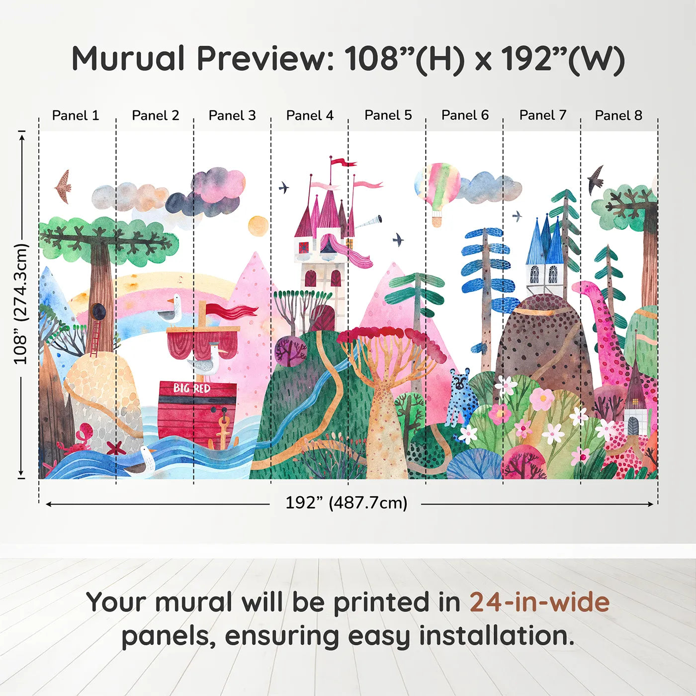 Whimsy Tots Big Red Ship Adventure Wall Muraldimension view (108" H x 192" W). Printed in eight 24-inch-wide panels. Gender-Neutral