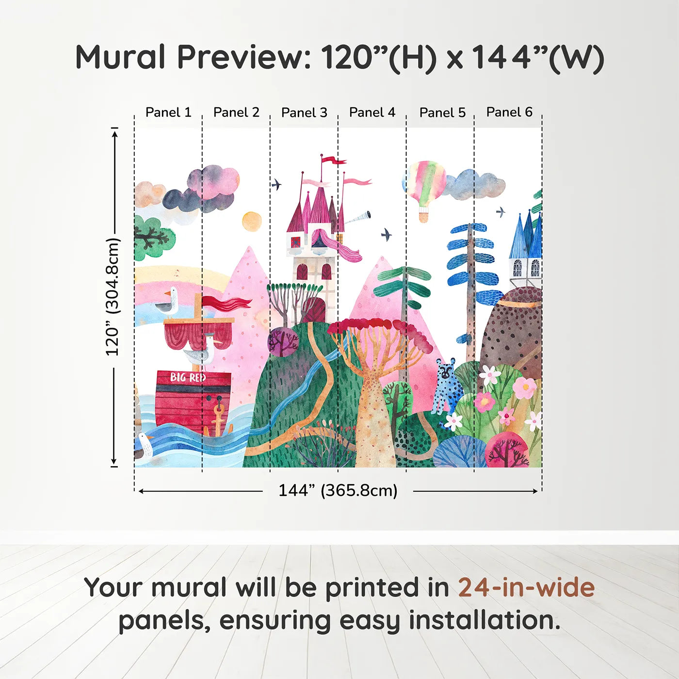 Whimsy Tots Big Red Ship Adventure Wall Muraldimension view (120" H x 144" W). Printed in six 24-inch-wide panels. Gender-Neutral