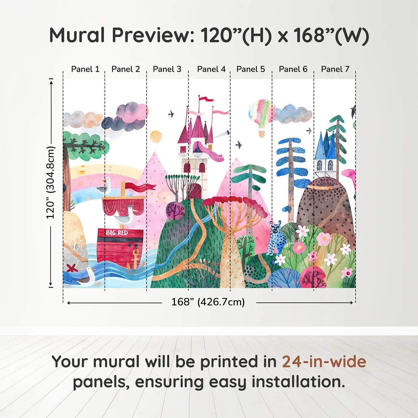 Whimsy Tots Big Red Ship Adventure Wall Muraldimension view (120" H x 168" W). Printed in seven 24-inch-wide panels. Gender-Neutral