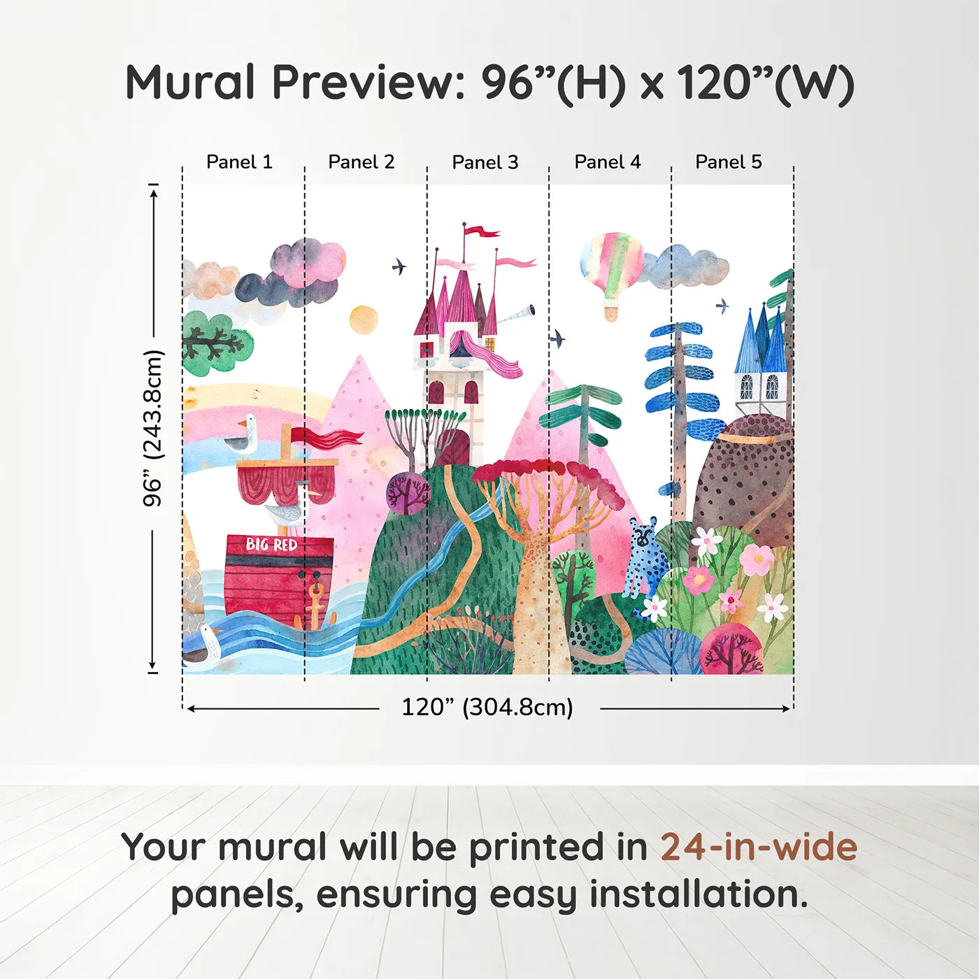 Whimsy Tots Big Red Ship Adventure Wall Muraldimension view (96" H x 120" W). Printed in five 24-inch-wide panels. Gender-Neutral