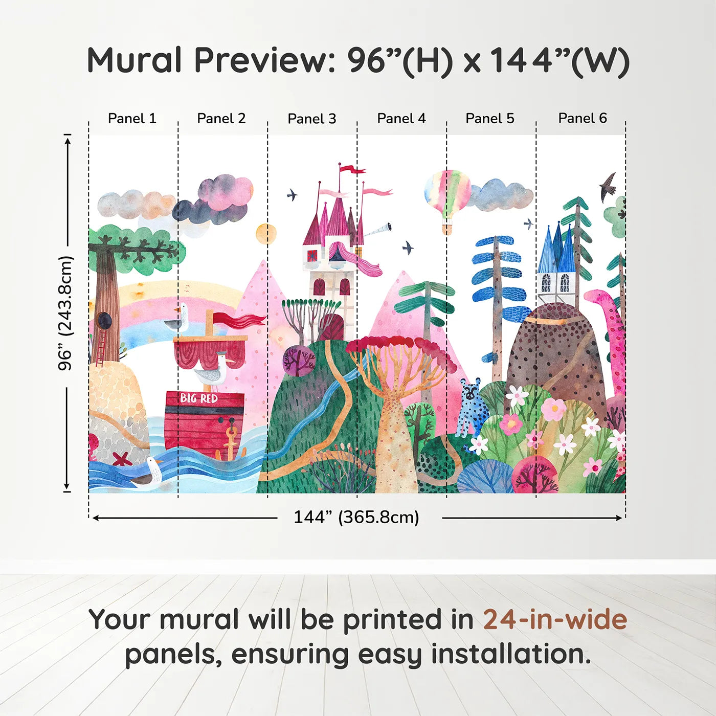 Whimsy Tots Big Red Ship Adventure Wall Muraldimension view (96" H x 144" W). Printed in six 24-inch-wide panels. Gender-Neutral