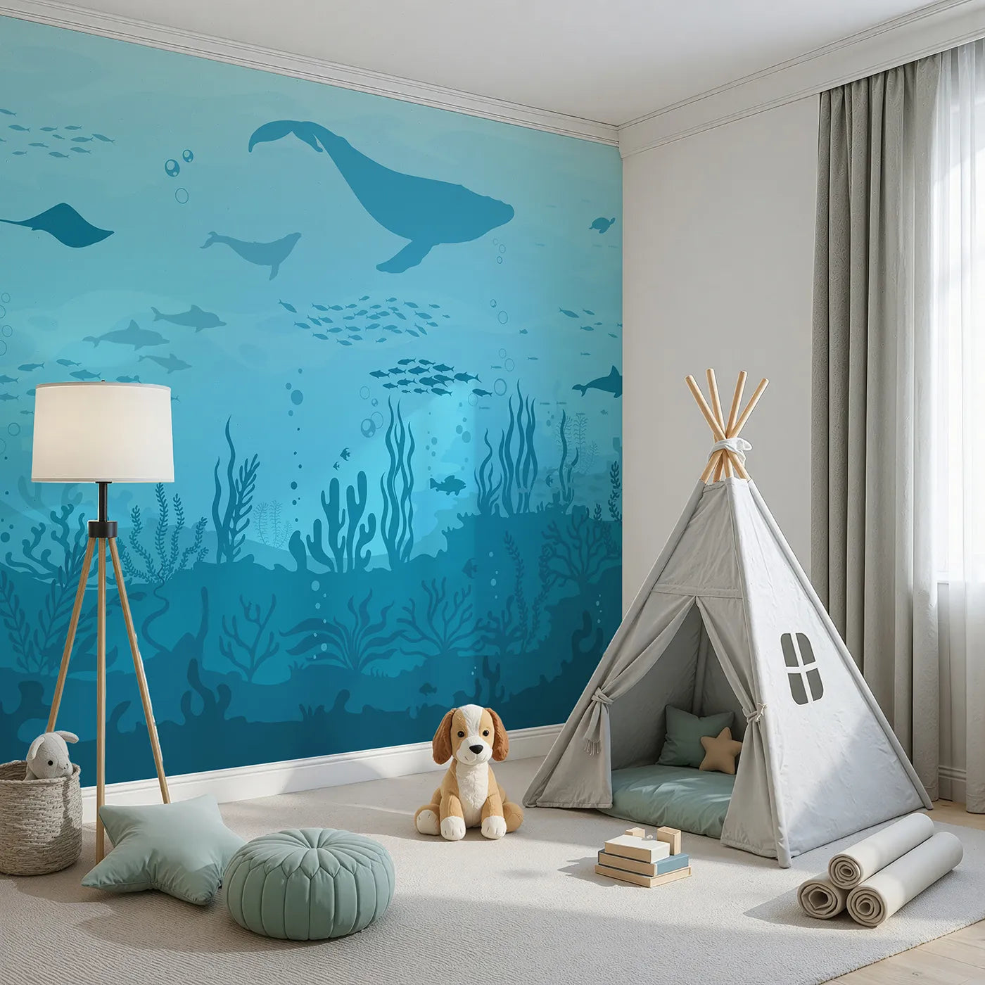 Angled view of Whimsy Tots' Deep Sea Kingdom Wall Mural (Turn Their Room into a Grand Underwater Panorama).Gender-Neutral
