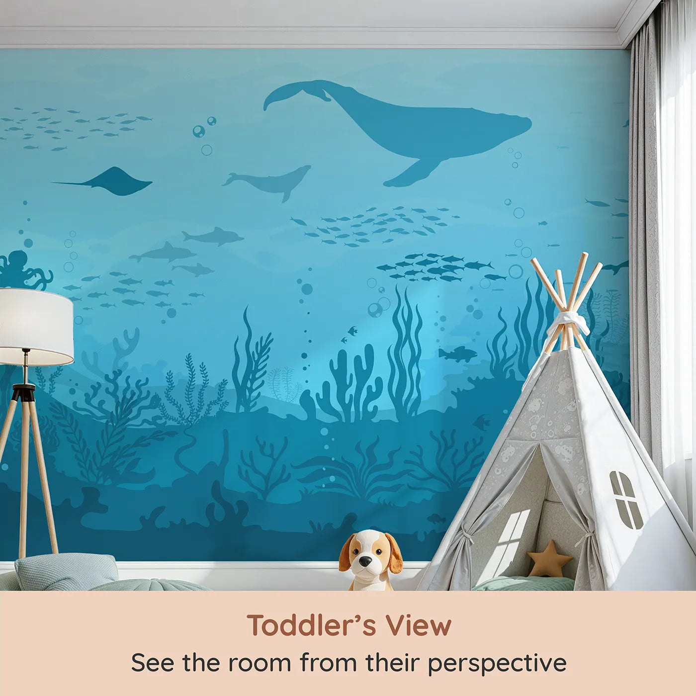 Whimsy Tots Deep Sea Kingdom Wall Mural (Turn Their Room into a Grand Underwater Panorama) from your child's view.Gender-Neutral