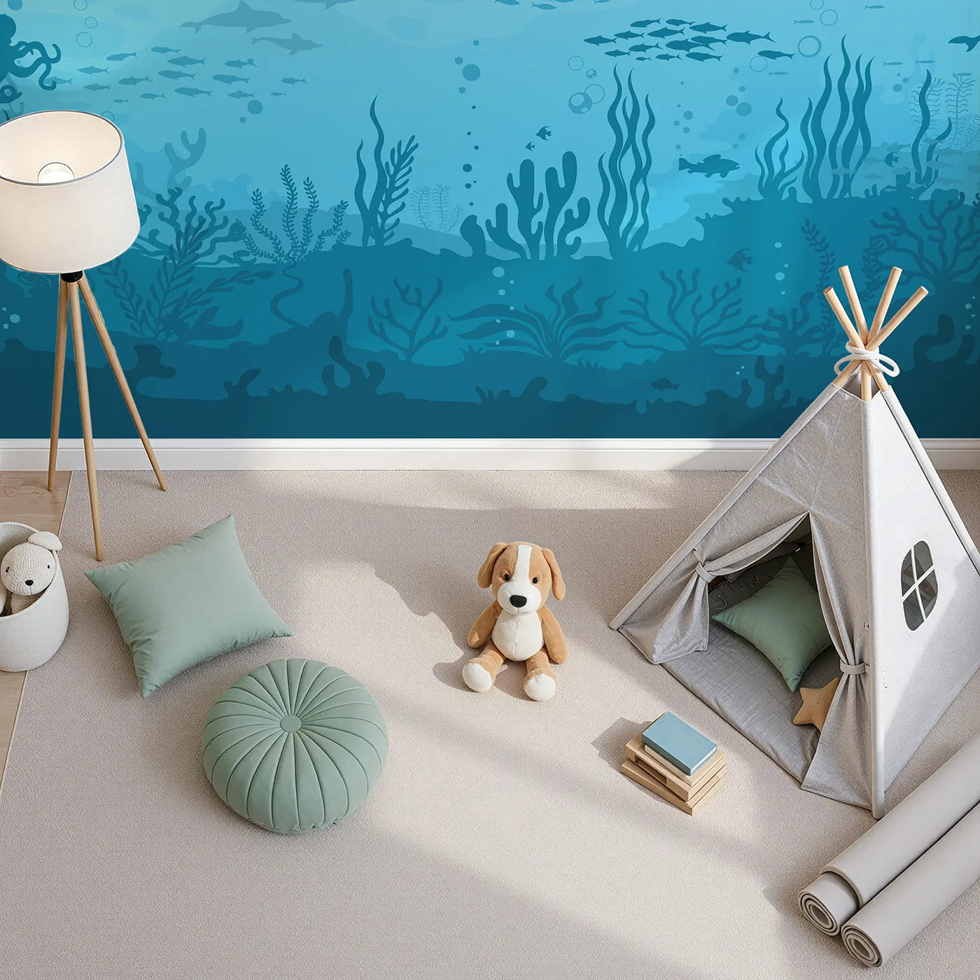 Top-down view of Whimsy Tots' Deep Sea Kingdom Wall Mural (Turn Their Room into a Grand Underwater Panorama).Gender-Neutral