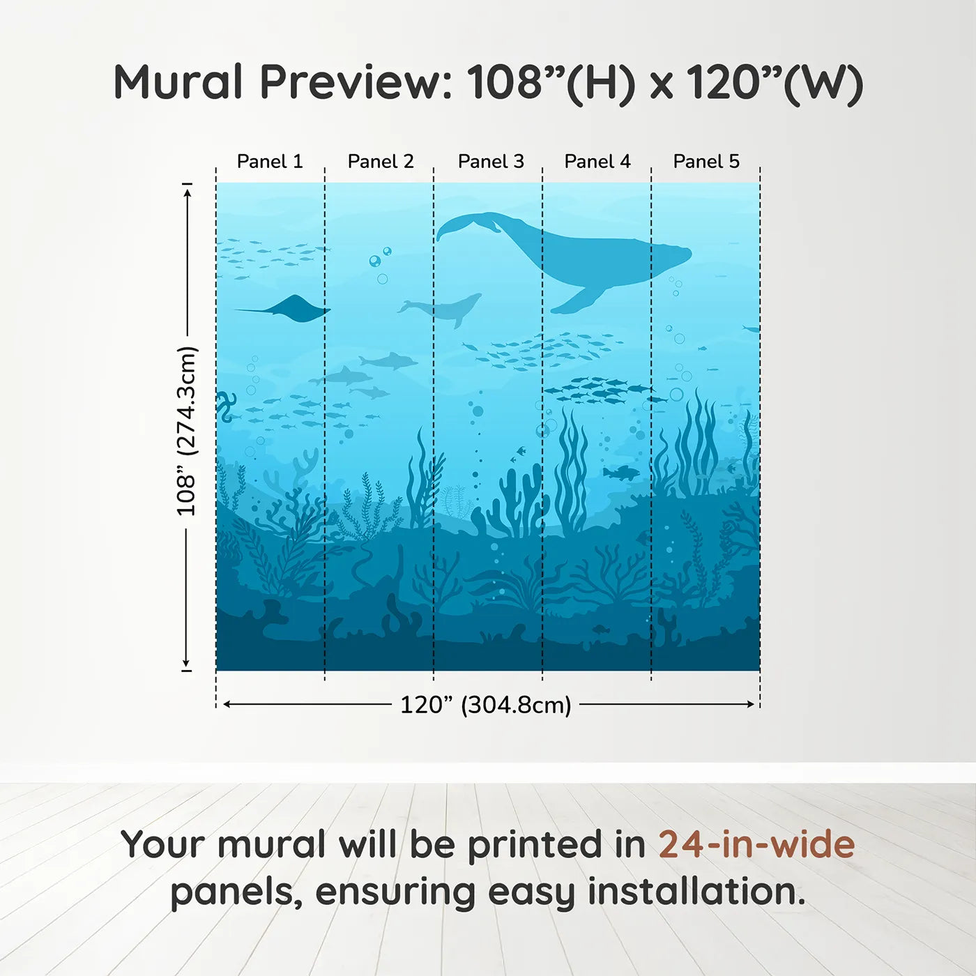 Whimsy Tots Deep Sea Kingdom Wall Muraldimension view (108" H x 120" W). Printed in five 24-inch-wide panels. Gender-Neutral