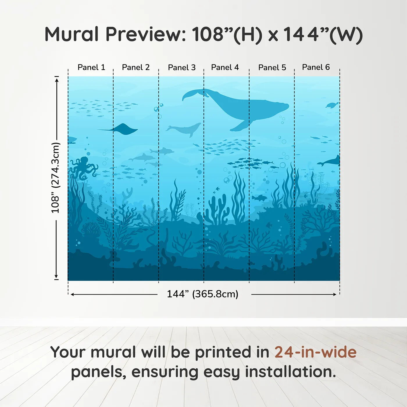 Whimsy Tots Deep Sea Kingdom Wall Muraldimension view (108" H x 144" W). Printed in six 24-inch-wide panels. Gender-Neutral