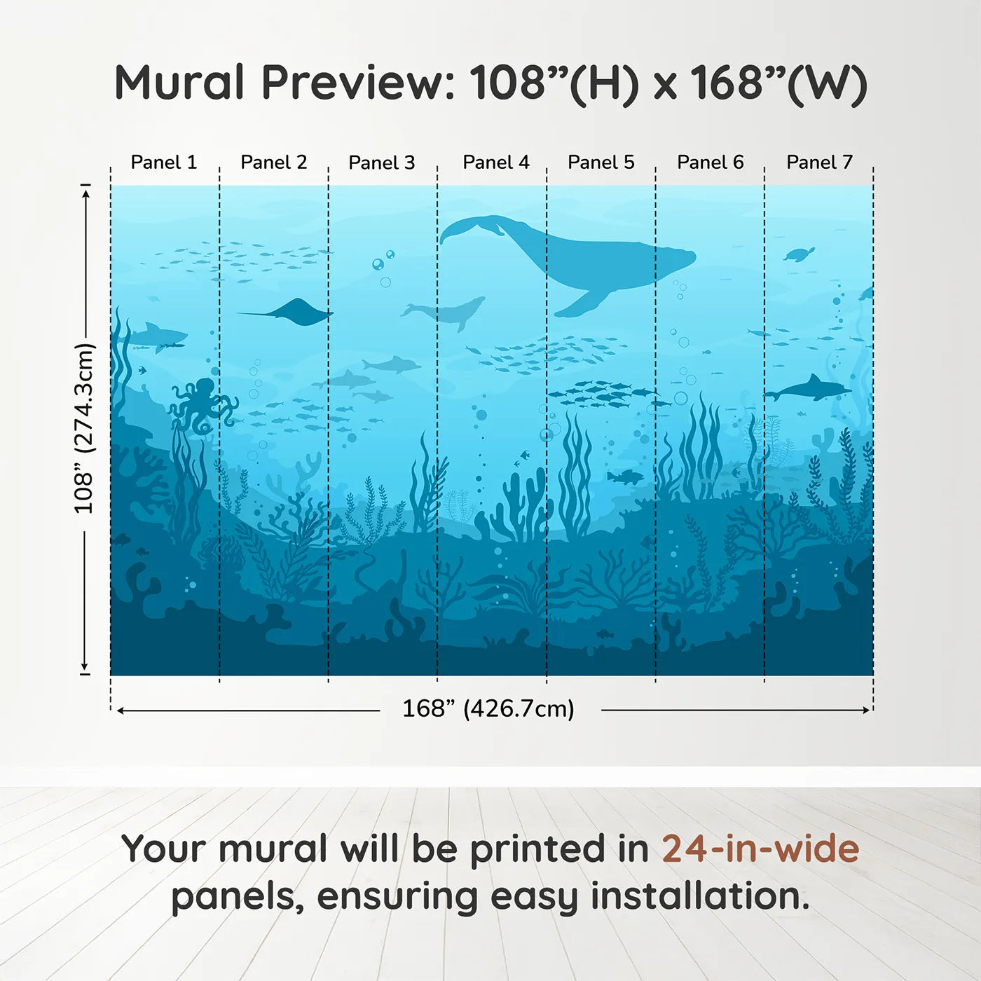 Whimsy Tots Deep Sea Kingdom Wall Muraldimension view (108" H x 168" W). Printed in seven 24-inch-wide panels. Gender-Neutral