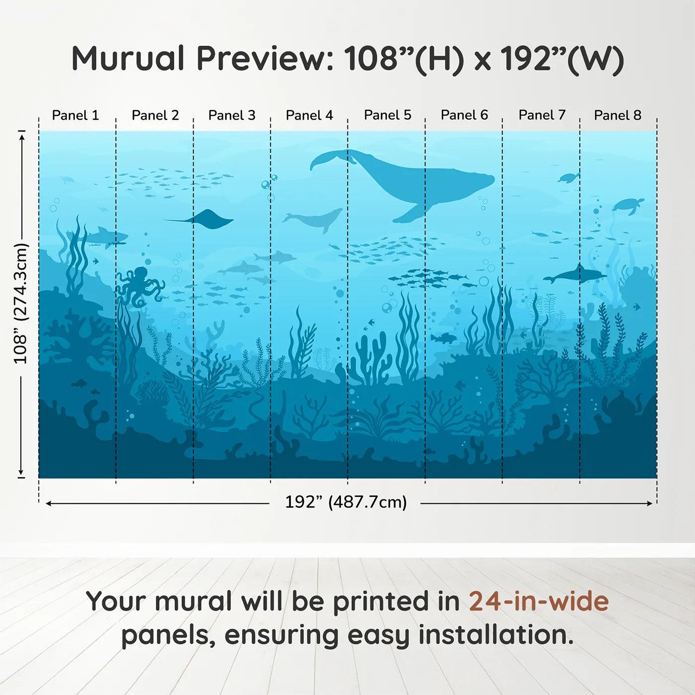 Whimsy Tots Deep Sea Kingdom Wall Muraldimension view (108" H x 192" W). Printed in eight 24-inch-wide panels. Gender-Neutral