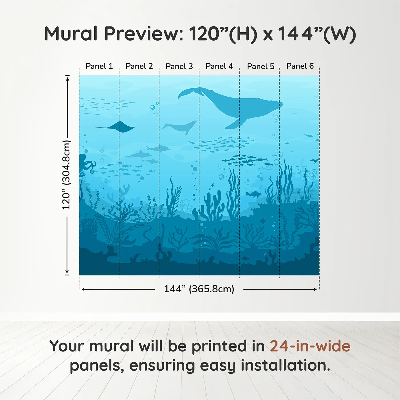 Whimsy Tots Deep Sea Kingdom Wall Muraldimension view (120" H x 144" W). Printed in six 24-inch-wide panels. Gender-Neutral