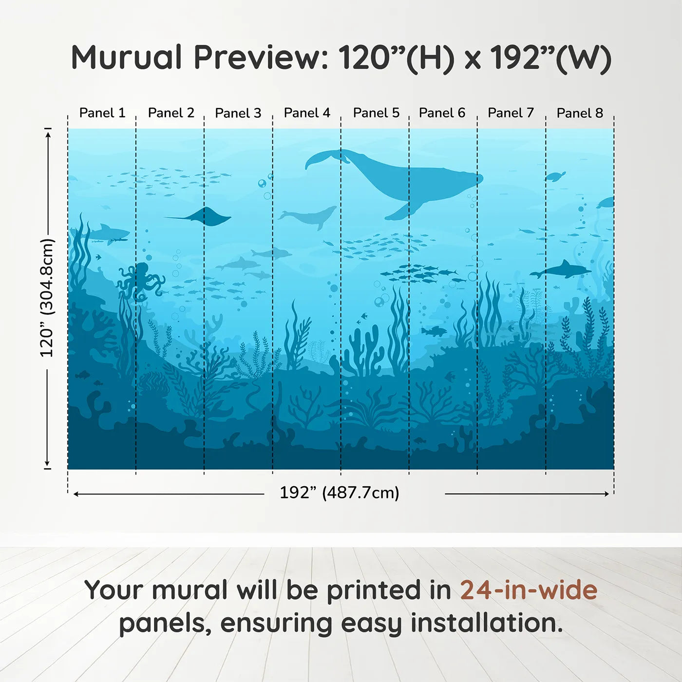Whimsy Tots Deep Sea Kingdom Wall Muraldimension view (120" H x 192" W). Printed in eight 24-inch-wide panels. Gender-Neutral