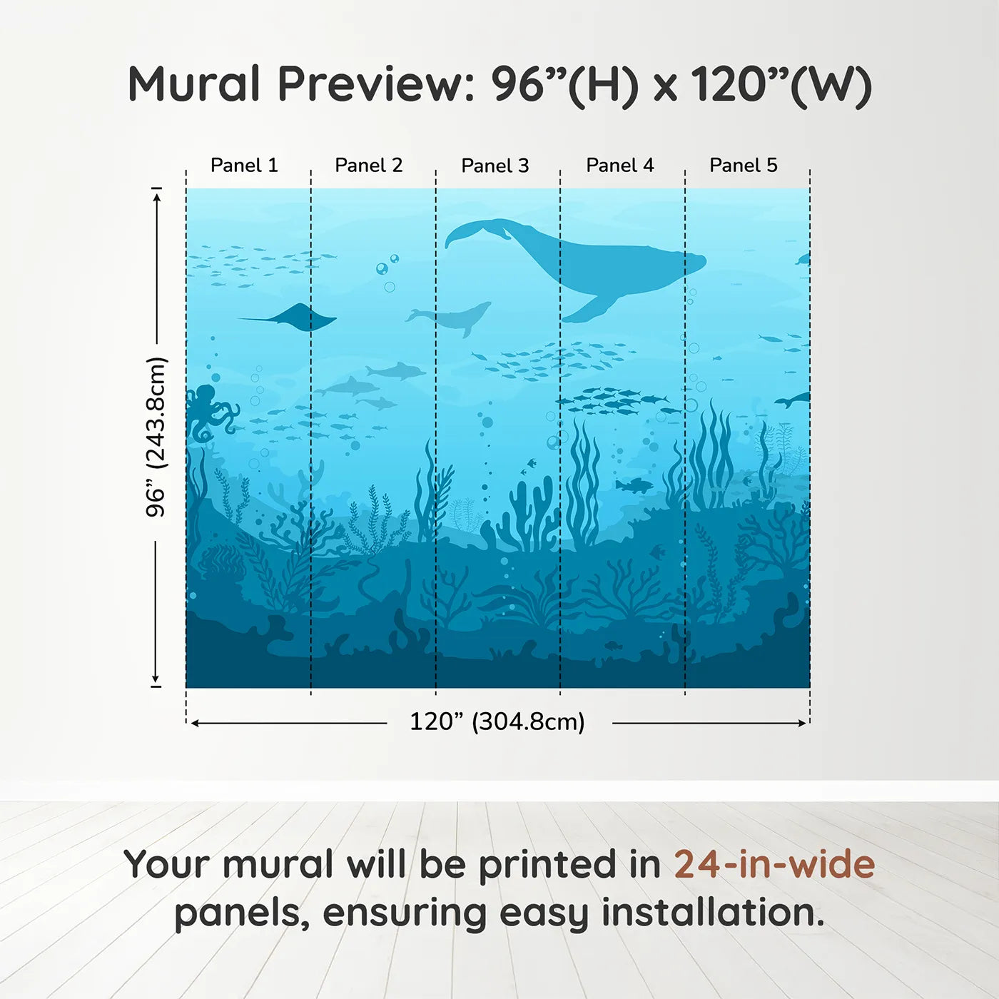 Whimsy Tots Deep Sea Kingdom Wall Muraldimension view (96" H x 120" W). Printed in five 24-inch-wide panels. Gender-Neutral