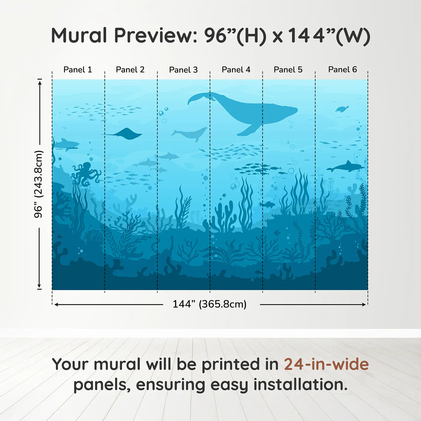 Whimsy Tots Deep Sea Kingdom Wall Muraldimension view (96" H x 144" W). Printed in six 24-inch-wide panels. Gender-Neutral