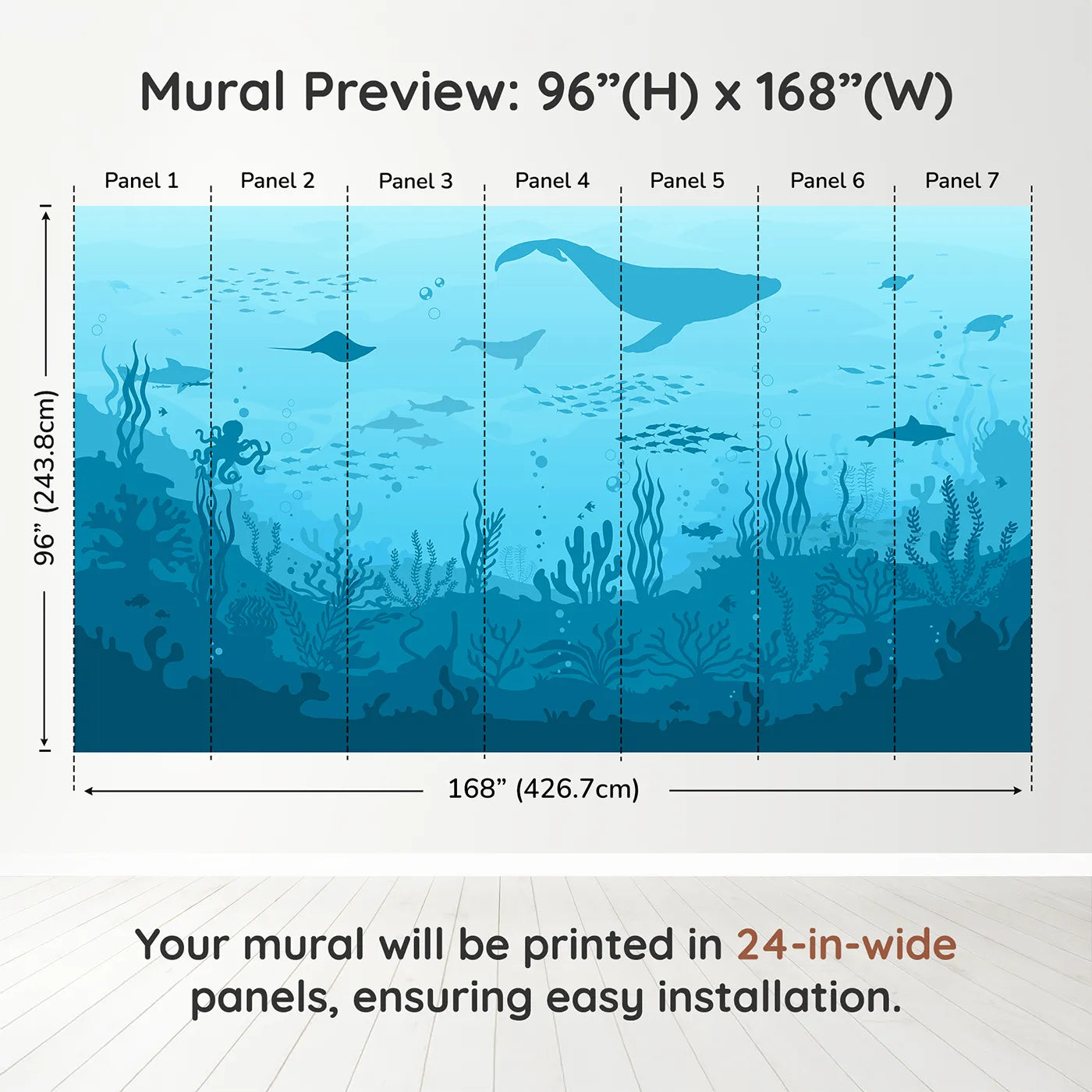 Whimsy Tots Deep Sea Kingdom Wall Muraldimension view (96" H x 168" W). Printed in seven 24-inch-wide panels. Gender-Neutral