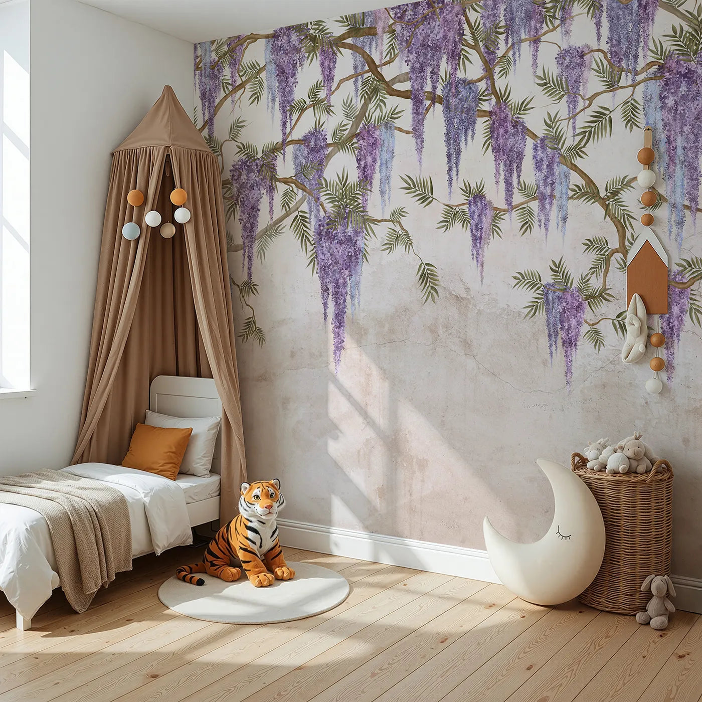Angled view of Whimsy Tots' Hanging Wisteria Wall Mural (Turn Their Room into a Romantic, Flower-Draped Hideaway).Best for Girls