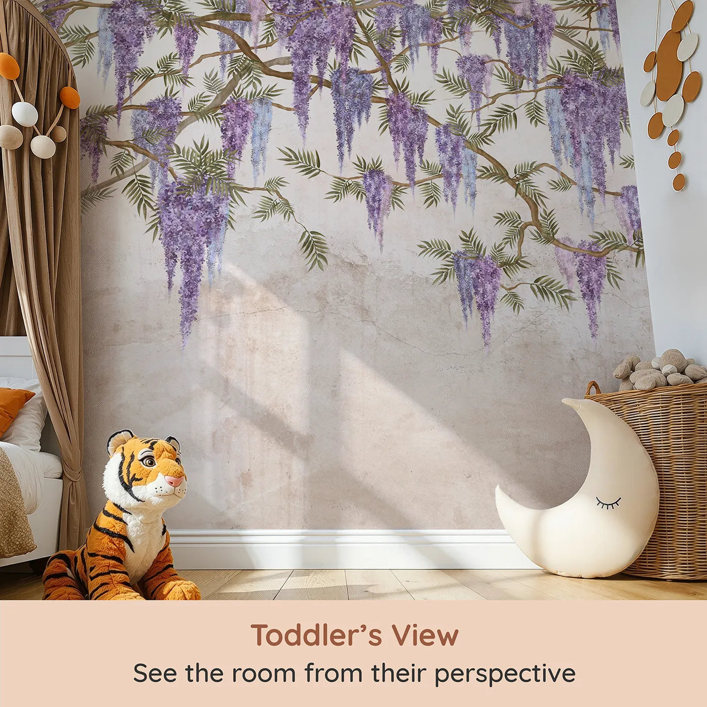 Whimsy Tots Hanging Wisteria Wall Mural (Turn Their Room into a Romantic, Flower-Draped Hideaway) from your child's view.Best for Girls