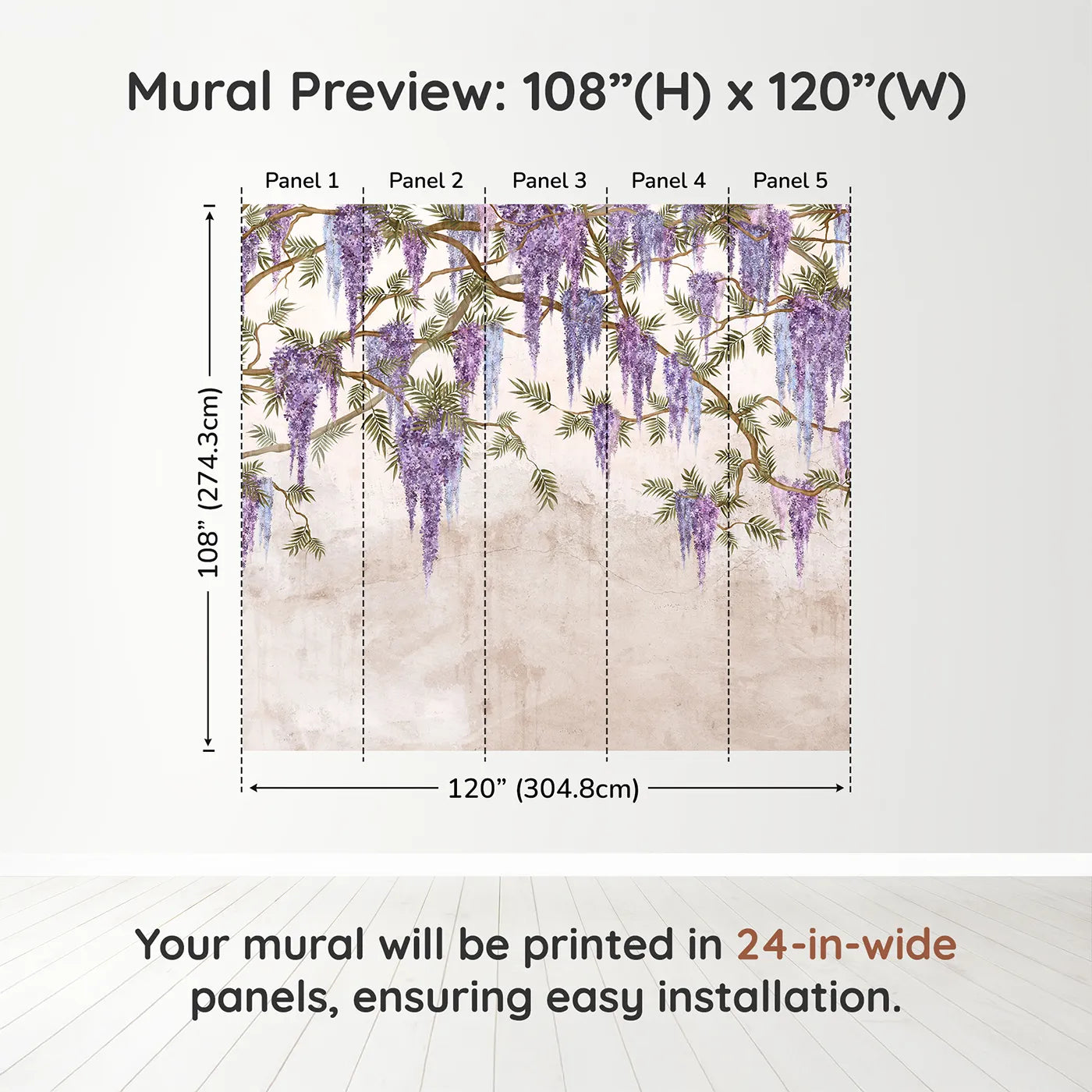 Whimsy Tots Hanging Wisteria Wall Muraldimension view (108" H x 120" W). Printed in five 24-inch-wide panels. Best for Girls