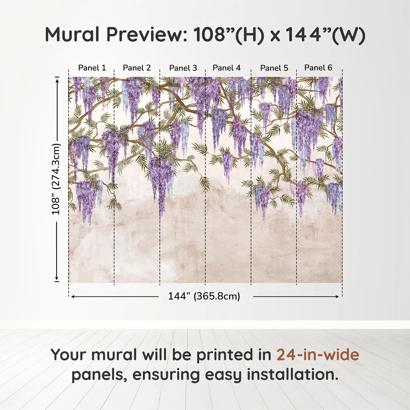 Whimsy Tots Hanging Wisteria Wall Muraldimension view (108" H x 144" W). Printed in six 24-inch-wide panels. Best for Girls