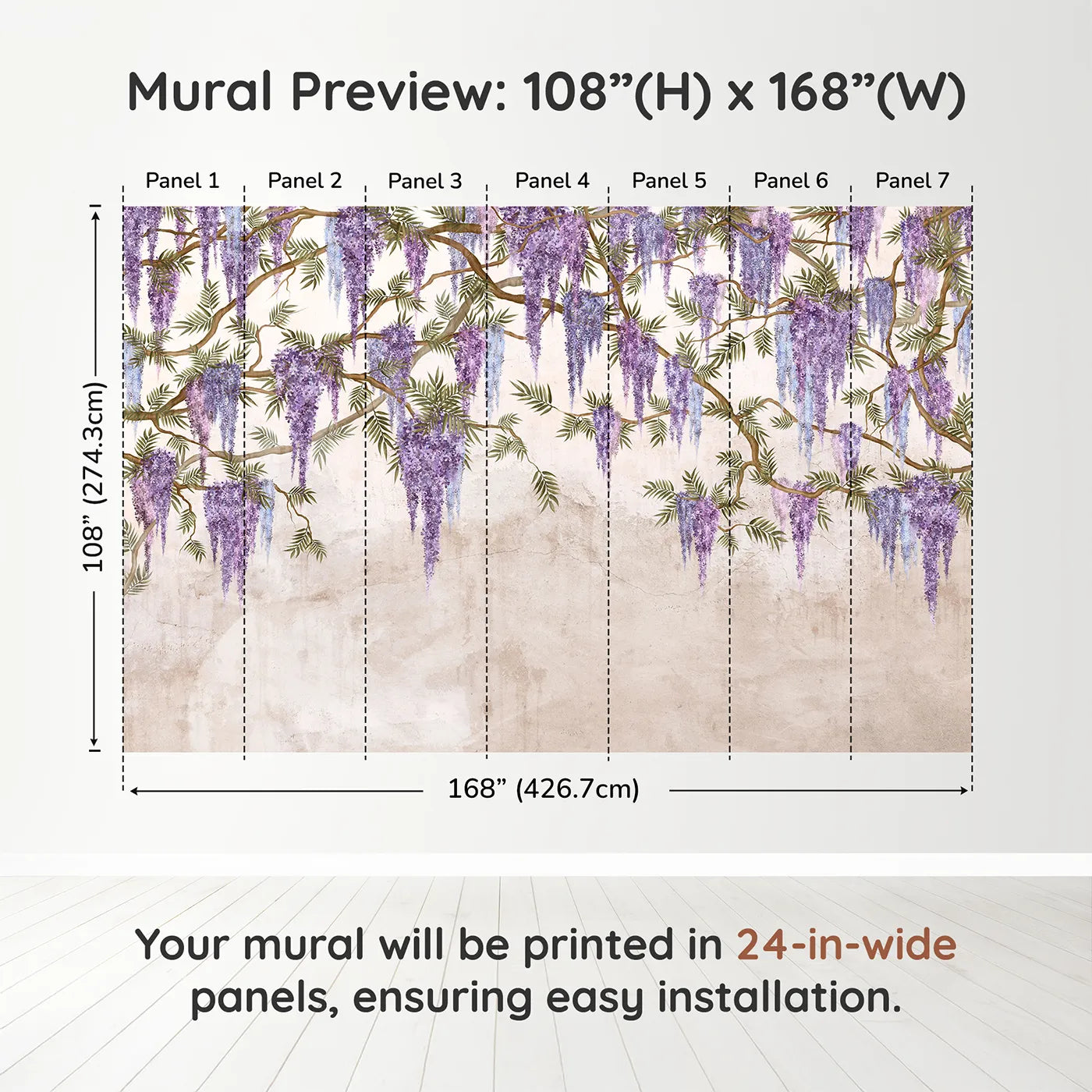 Whimsy Tots Hanging Wisteria Wall Muraldimension view (108" H x 168" W). Printed in seven 24-inch-wide panels. Best for Girls