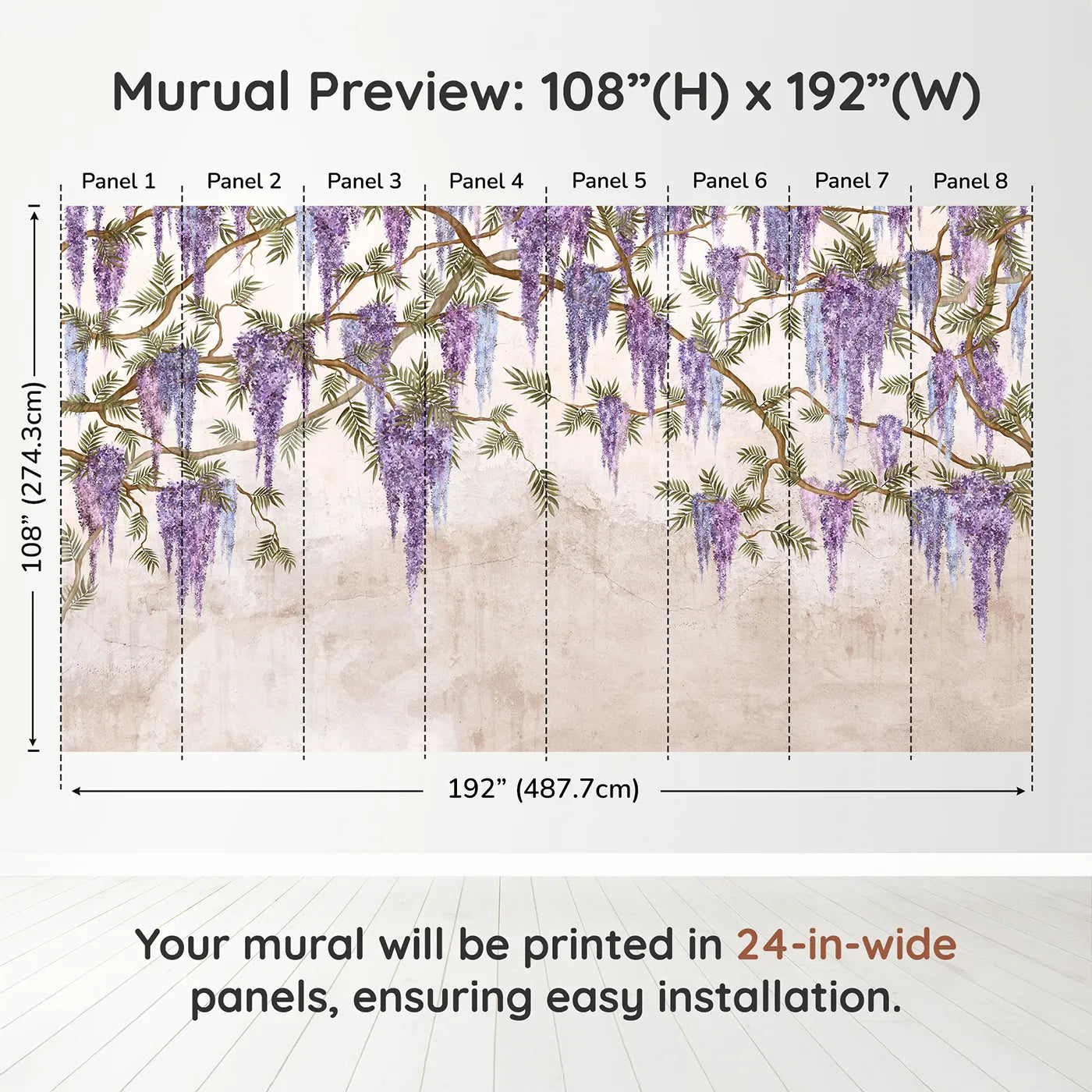Whimsy Tots Hanging Wisteria Wall Muraldimension view (108" H x 192" W). Printed in eight 24-inch-wide panels. Best for Girls