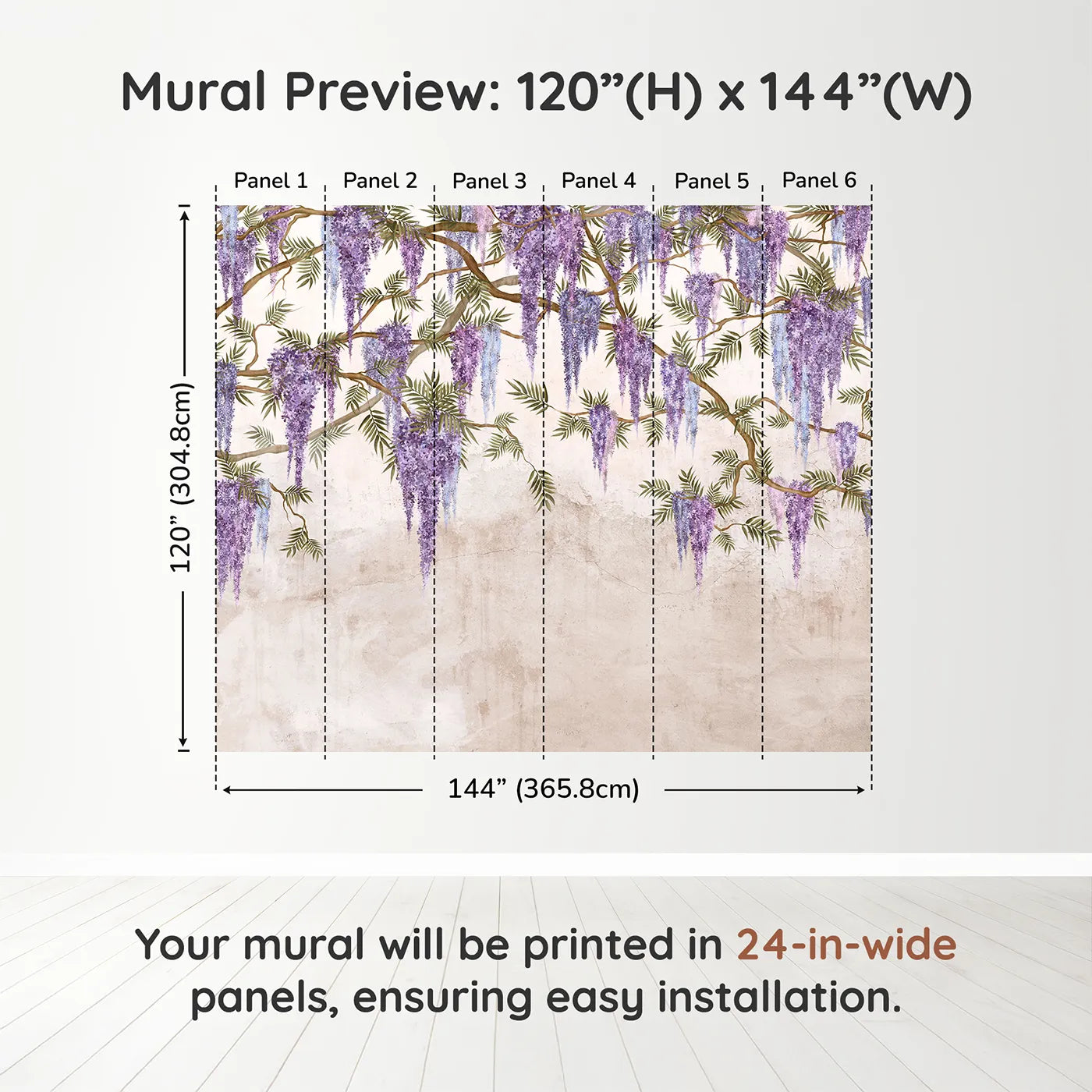 Whimsy Tots Hanging Wisteria Wall Muraldimension view (120" H x 144" W). Printed in six 24-inch-wide panels. Best for Girls