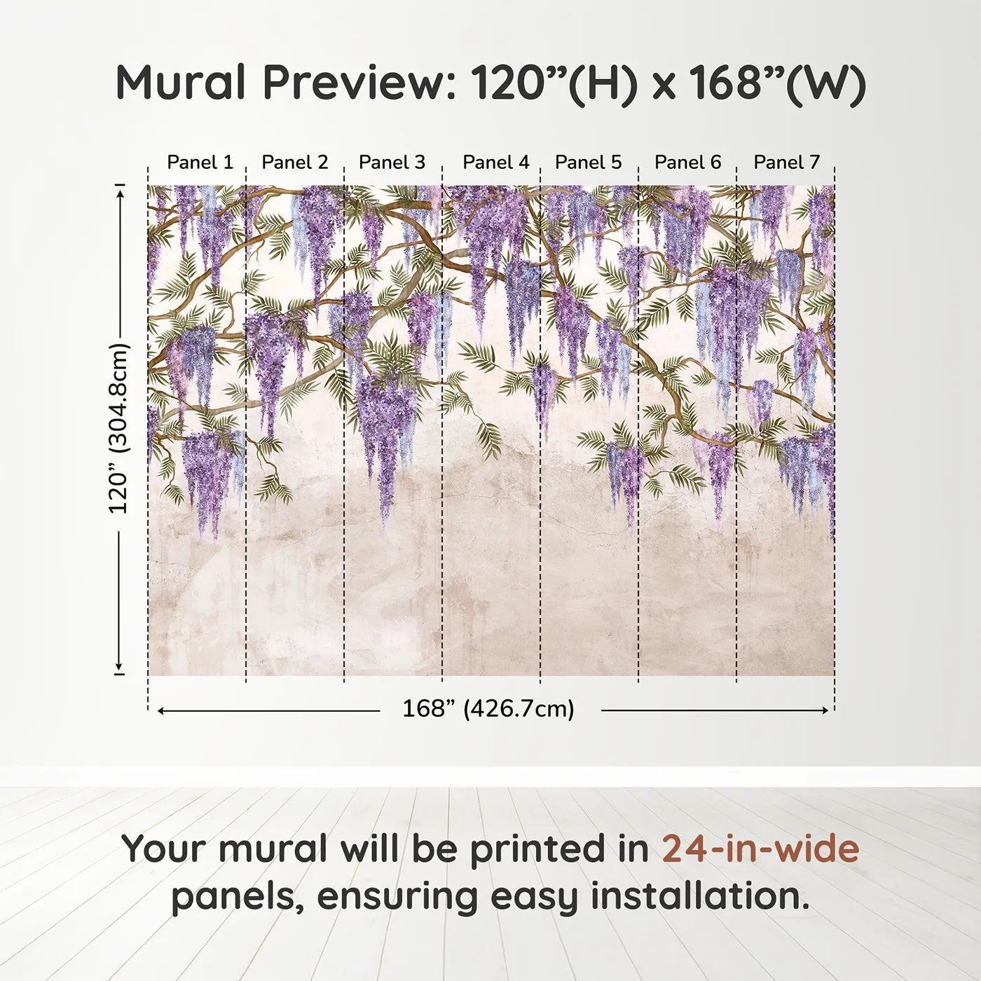 Whimsy Tots Hanging Wisteria Wall Muraldimension view (120" H x 168" W). Printed in seven 24-inch-wide panels. Best for Girls