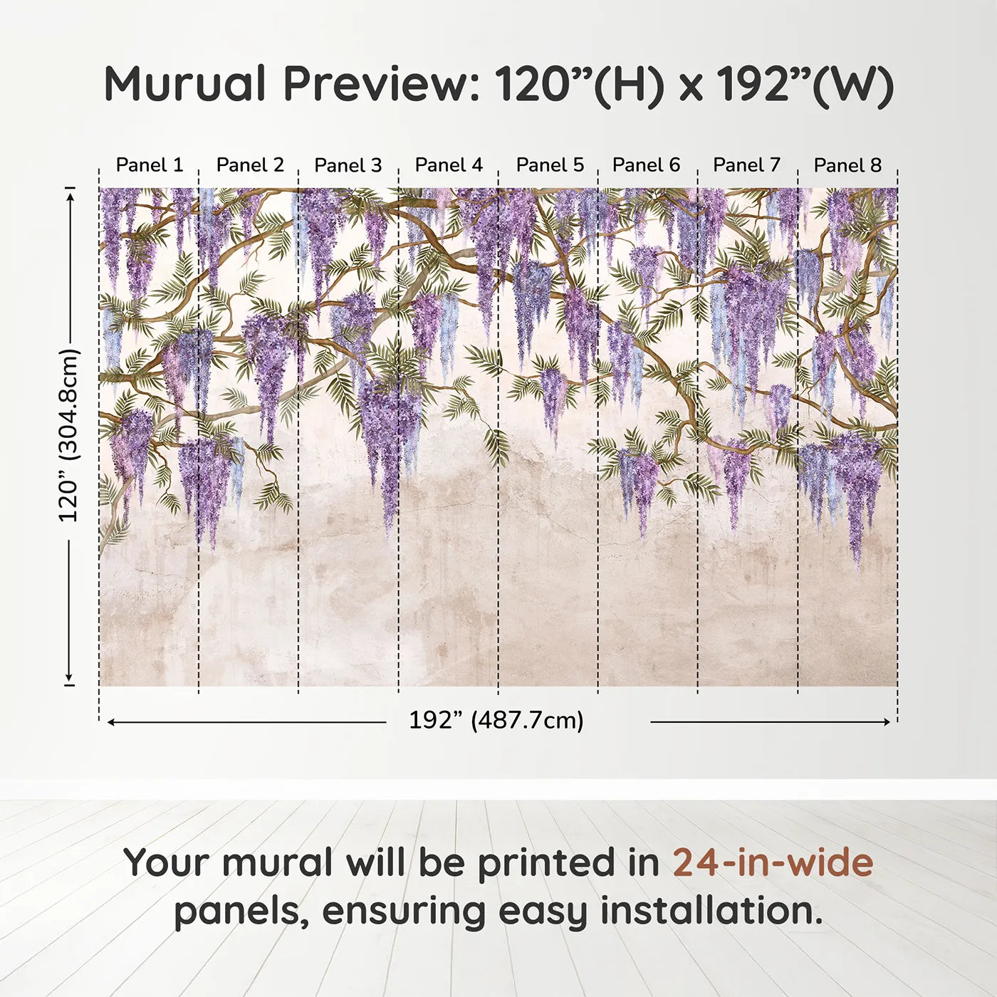 Whimsy Tots Hanging Wisteria Wall Muraldimension view (120" H x 192" W). Printed in eight 24-inch-wide panels. Best for Girls